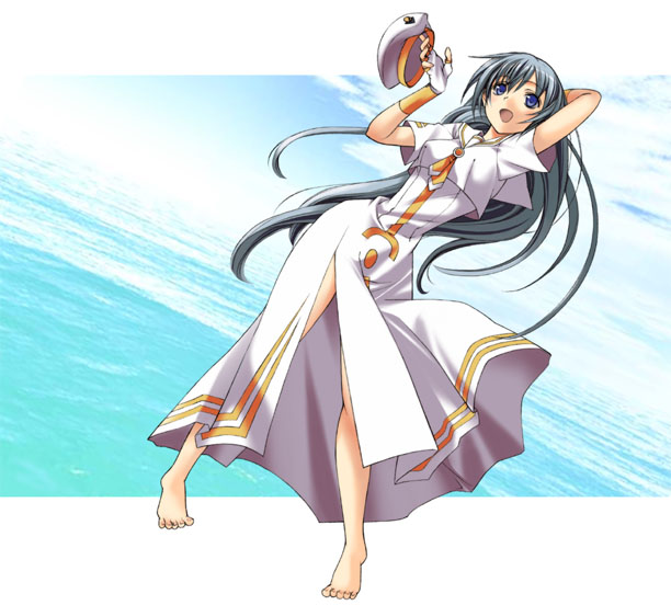 shiino yui, alice carroll, aria (manga), 00s, ascot, barefoot, blouse, feet, hat, long hair, patch, shirt, solo, toes, very long hair, white hat, white shirt, yellow ascot