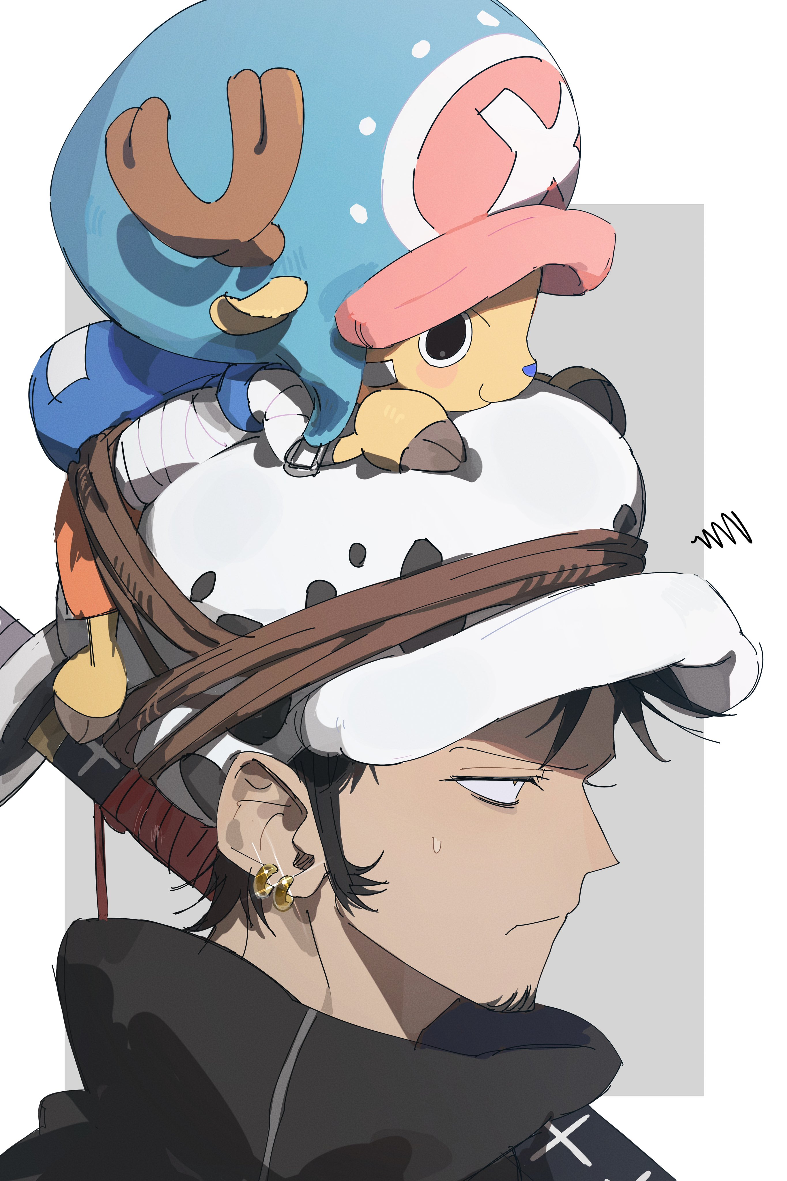 layeon46412531, tony tony chopper, trafalgar law, one piece, absurdres, commentary request, highres, korean commentary, 2boys, animal ears, antlers, antlers through headwear, bandages, black coat, blue hat, blue nose, border, closed mouth, coat, deer ears, earrings, facial hair, from side, glint, hat, horns, jewelry, male focus, multiple boys, on head, outside border, profile, reindeer antlers, reindeer boy, rope, sweatdrop, upper body, white border, white hat