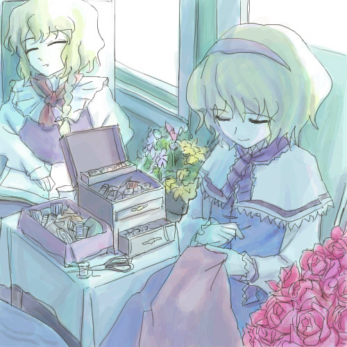 oisin, alice margatroid, kirisame marisa, touhou, lowres, 2girls, blonde hair, closed eyes, female focus, flower, multiple girls, red flower, red rose, rose, scissors, sewing, short hair, sleeping, slice of life, smile, thread