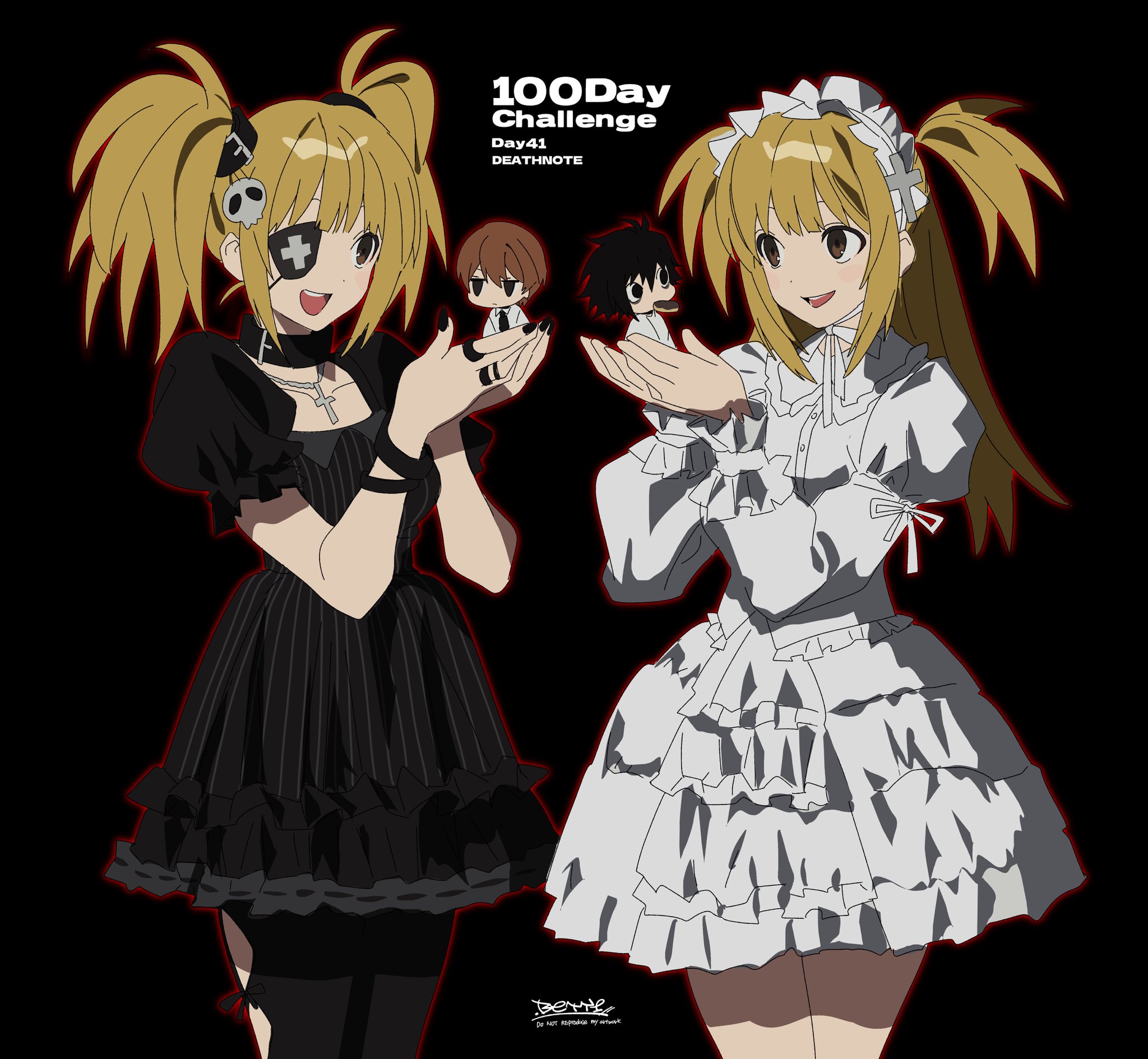 betti (xx betti), amane misa, l (death note), yagami light, death note, highres, 2boys, 2girls, black dress, blonde hair, collar, cross, cross necklace, dress, eyepatch, goth fashion, holding, jewelry, lolita fashion, long hair, mini person, miniboy, multiple boys, multiple girls, necklace, official alternate hairstyle, smile
