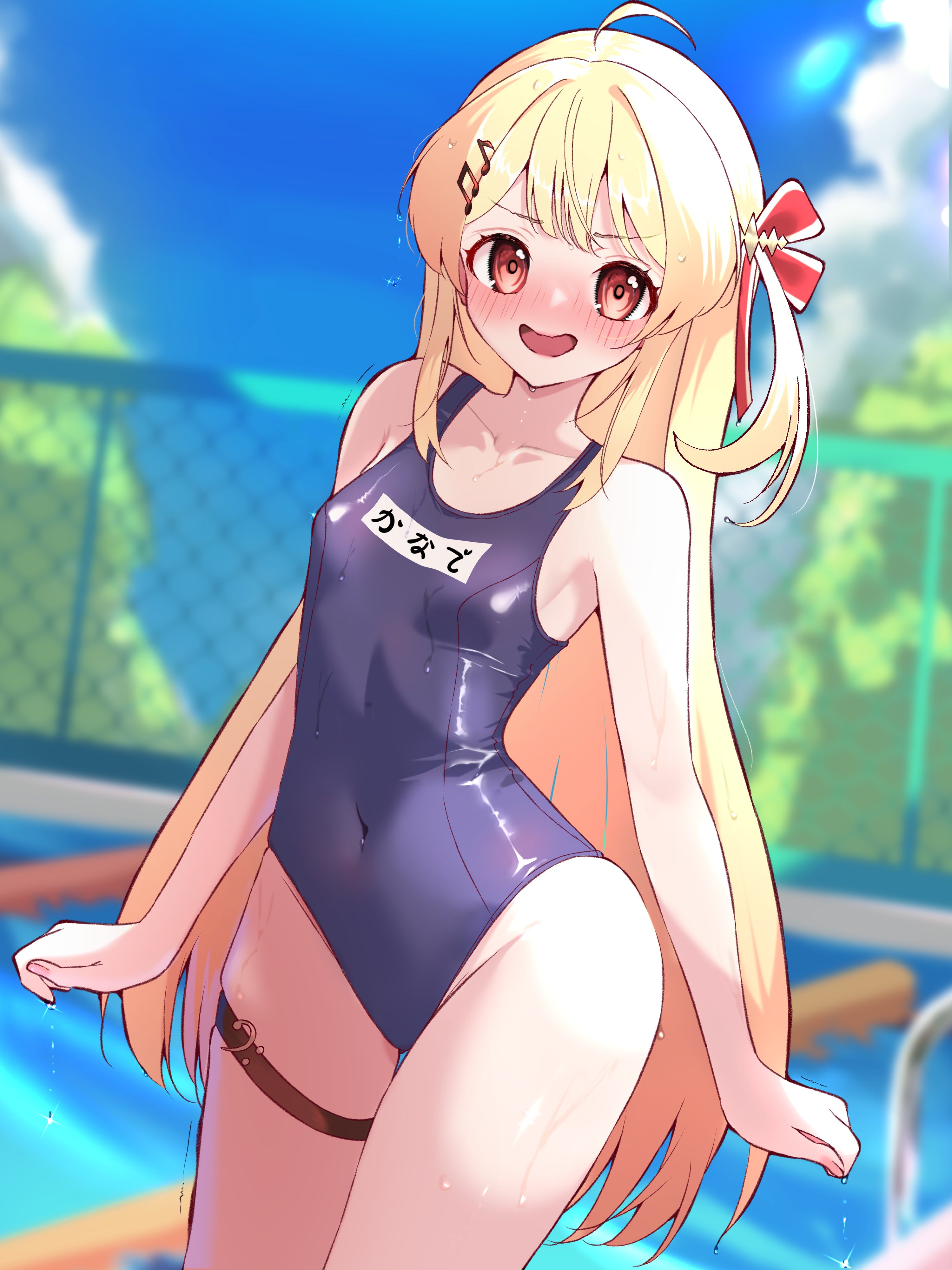 otonose kanade, hololive, hololive dev is, absurdres, highres, 1girl, ahoge, blonde hair, blue one-piece swimsuit, blush, breasts, covered navel, fortissimo, hair ornament, hair ribbon, long hair, looking at viewer, musical note, musical note hair ornament, name tag, one-piece swimsuit, one side up, open mouth, outdoors, pool, red eyes, red ribbon, ribbon, school swimsuit, small breasts, solo, swimsuit, thigh strap, virtual youtuber, yk8ru