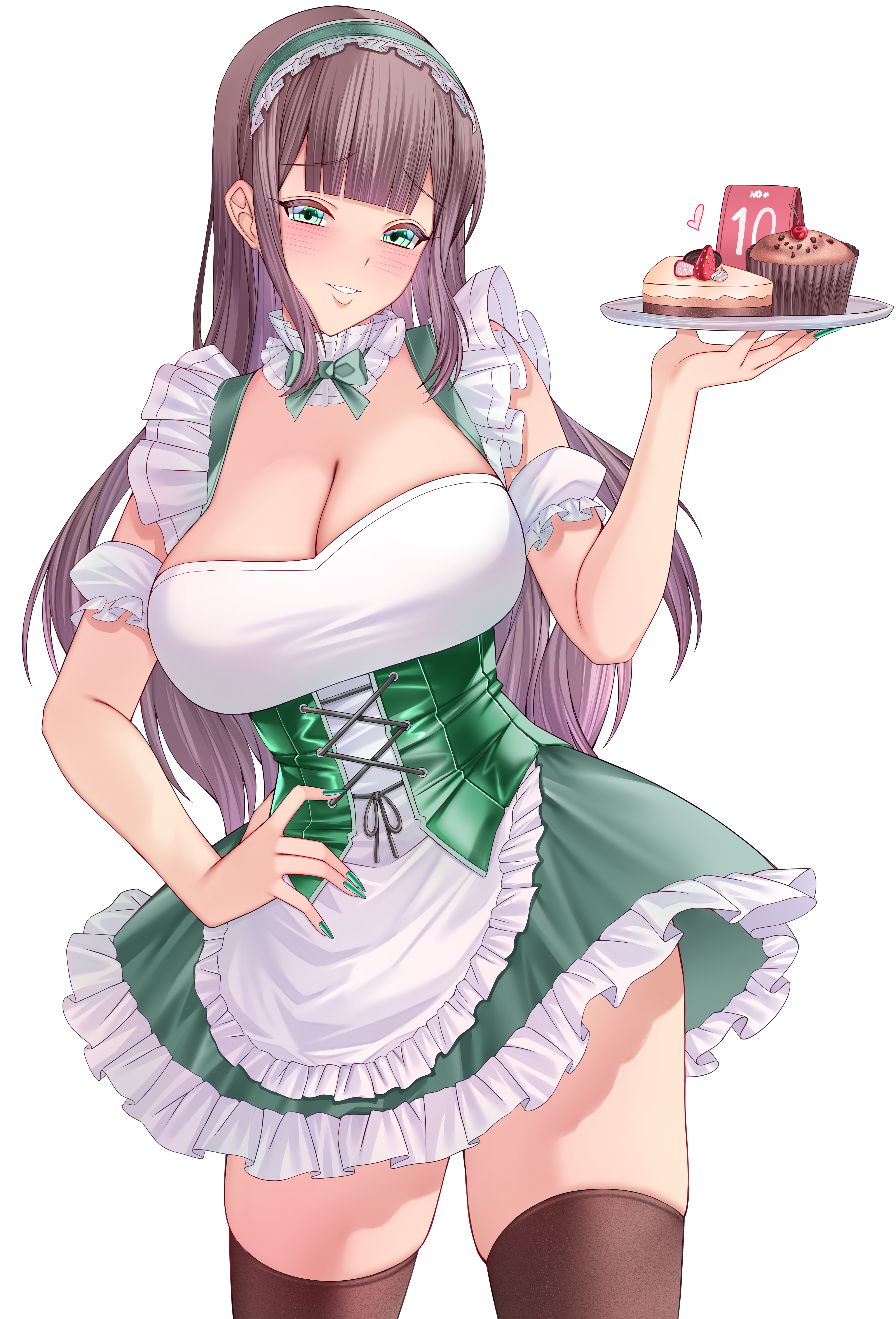 makudesu, original, absurdres, commentary request, commission, highres, 1girl, apron, aqua eyes, black thighhighs, blunt bangs, blush, breasts, brown hair, cake, cake slice, cleavage, dress, food, green dress, green nails, grin, hand on own hip, headband, large breasts, looking at viewer, maid, maid apron, muffin, over-kneehighs, pantyhose, sidelocks, simple background, smile, solo, standing, thighhighs, tray, two-tone dress, white background, white dress
