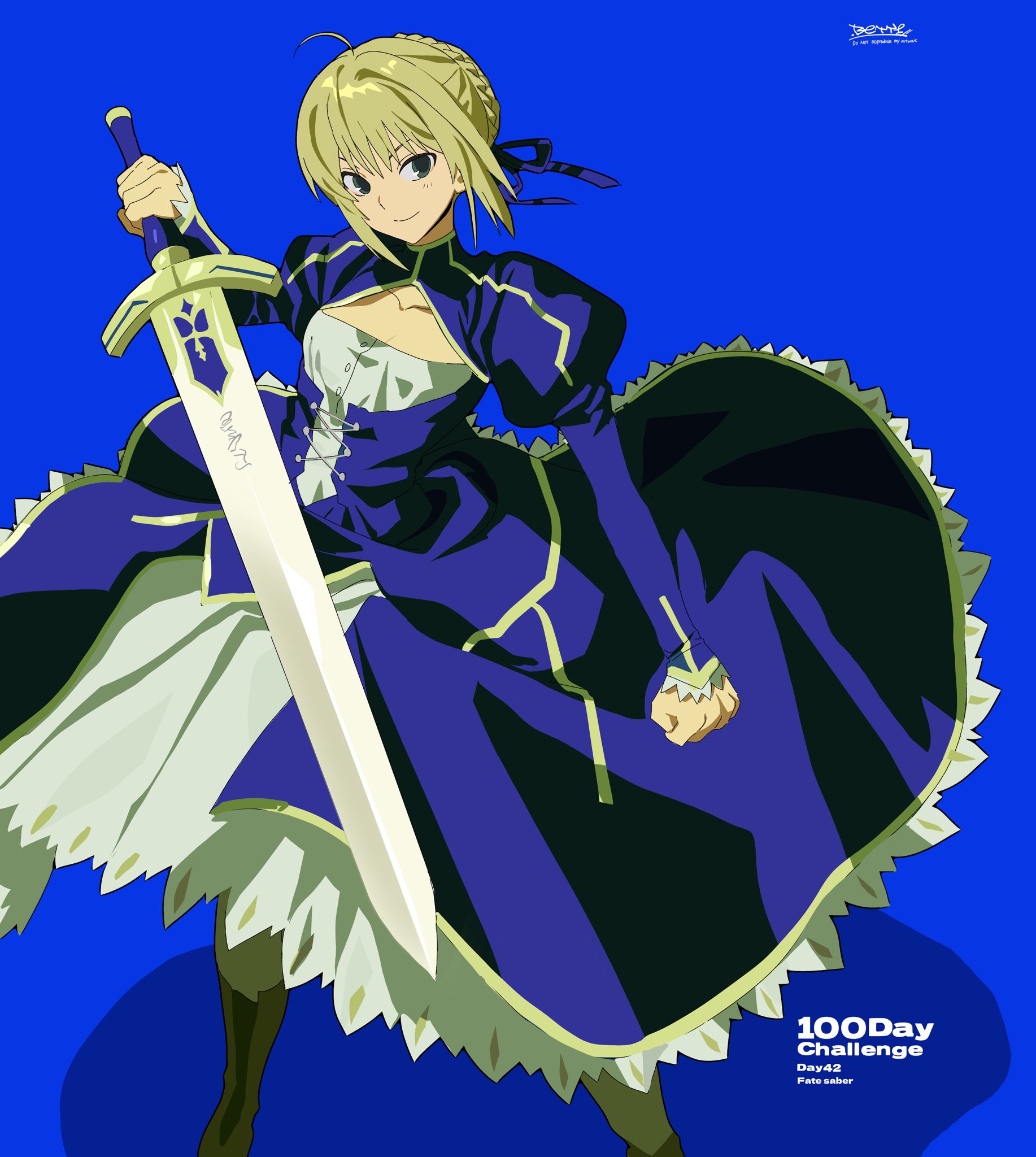 betti (xx betti), artoria pendragon (fate), saber (fate), fate/stay night, fate (series), highres, 1girl, ahoge, blonde hair, braid, braided bun, dress, hair bun, hair ribbon, holding, long sleeves, ribbon, solo, sword, weapon