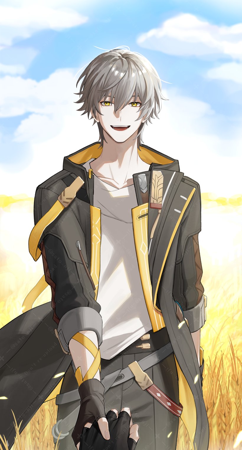 sato nji, caelus (honkai: star rail), phainon (honkai: star rail), trailblazer (honkai: star rail), honkai: star rail, honkai (series), highres, 2boys, :d, belt, black belt, black gloves, black jacket, black pants, blue sky, cloud, collarbone, cowboy shot, day, falling petals, field, fingerless gloves, gloves, grass, grey belt, grey hair, hair between eyes, holding hands, hood, hood down, hooded jacket, implied yaoi, jacket, jewelry, looking at viewer, male focus, multiple boys, open clothes, open jacket, open mouth, out of frame, outdoors, pants, petals, pov, pov hands, shirt, short hair, sky, smile, solo focus, standing, teeth, watermark, watermark grid, wheat field, white shirt, yellow eyes