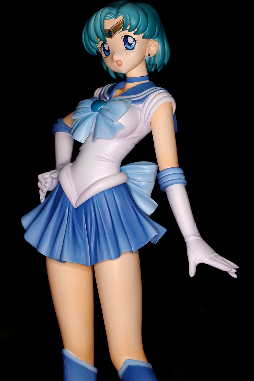 mizuno ami, sailor mercury, bishoujo senshi sailor moon, highres, photo (medium), 1990s (style), 1girl, blue boots, blue eyes, blue hair, blue sailor collar, blue skirt, boots, female focus, figure, knee boots, magical girl, matching hair/eyes, retro artstyle, sailor collar, school uniform, serafuku, skirt, solo