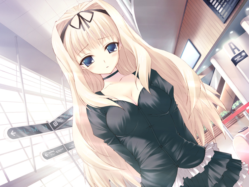 kawata hisashi, kusugawa sasara, aquaplus, to heart, to heart (series), to heart 2, game cg, official art, 00s, 1girl, arms behind back, blonde hair, blue eyes, blush, breasts, casual, choker, cleavage, collarbone, dutch angle, female focus, hairband, indoors, long hair, looking at viewer, skirt, solo, very long hair