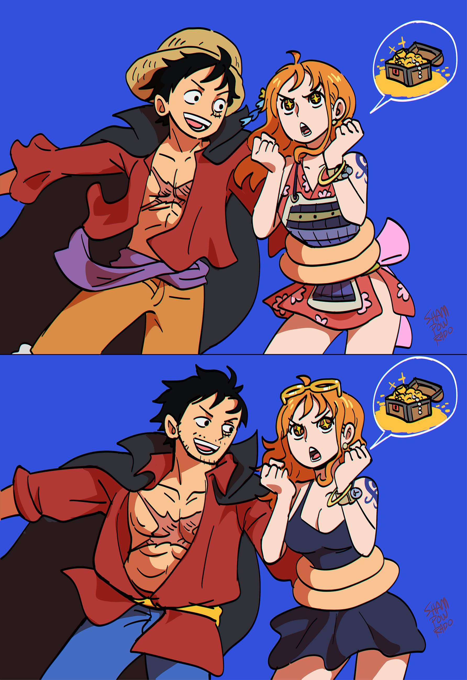 shampowrado, monkey d. luffy, nami (one piece), one piece, absurdres, hashtag-only commentary, highres, 1boy, 1girl, aged up, arm around waist, armor, back bow, bangle, bare shoulders, black cape, black coat, black hair, blue background, blue dress, blue shorts, bow, bracelet, breasts, cape, cleavage, clenched hands, coat, coat on shoulders, coin, collarbone, cowboy shot, cross scar, devil fruit power, dress, earrings, elasticity, extendable limbs, eyewear on head, facial hair, facial scar, floral print, floral print kimono, gold, gold coin, hair ornament, hat, japanese armor, japanese clothes, jewelry, kimono, large breasts, log pose, long hair, looking at another, medium hair, official alternate costume, open clothes, open mouth, open shirt, orange hair, pearl earrings, pink bow, print kimono, purple sash, red kimono, red shirt, sash, scar, scar on cheek, scar on chest, scar on face, shirt, short hair, shorts, shoulder tattoo, signature, sleeveless, sleeveless kimono, sparkle, sparkling eyes, straw hat, sunglasses, tattoo, treasure chest, wavy hair, yellow sash, yellow shorts