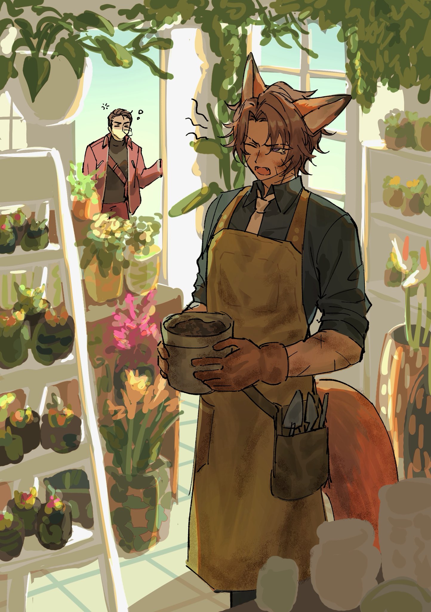 killerohan, heathcliff (project moon), meursault (project moon), limbus company, project moon, commentary request, costume request, highres, 2boys, angry, animal ears, apron, bag, black shirt, brown apron, brown eyes, brown gloves, brown hair, coat, collared shirt, curtained hair, d;, fangs, flower pot, flower shop, fox ears, fox tail, gloves, green shirt, hair slicked back, hanging plant, holding, holding flower pot, indoors, kemonomimi mode, multiple boys, multiple scars, necktie, one eye closed, open mouth, plant, potted plant, red coat, scar, scar on arm, shirt, shop, short hair, sleeves rolled up, tail, trowel, white necktie