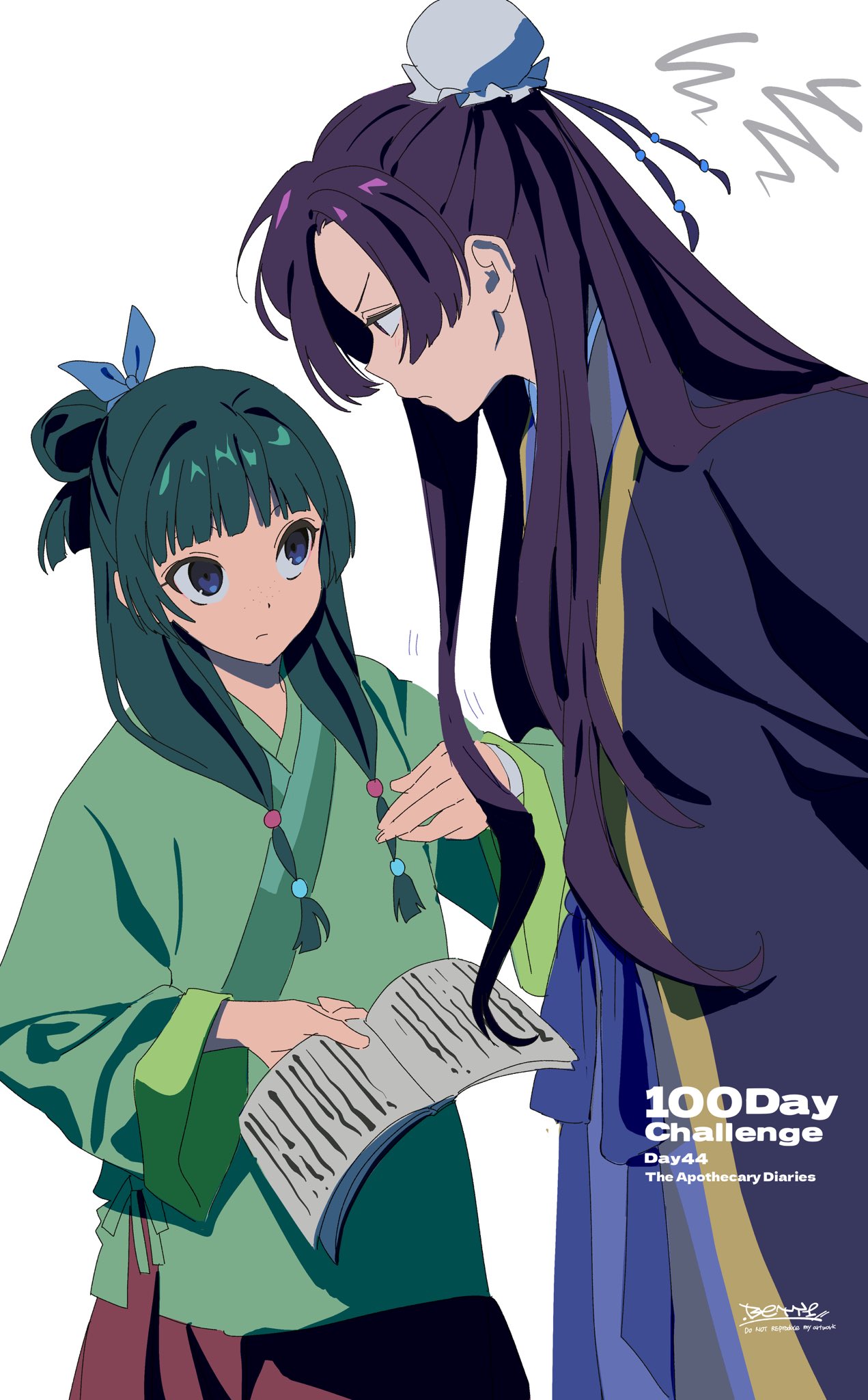 betti (xx betti), maomao (kusuriya no hitorigoto), kusuriya no hitorigoto, highres, 1boy, 1girl, beads, blue eyes, blunt bangs, bun cover, chinese clothes, freckles, green hair, green hanfu, hair beads, hair bun, hair ornament, hanfu, holding, long hair, long sleeves, multi-tied hair, purple hair, simple background, upper body, white background, wide sleeves