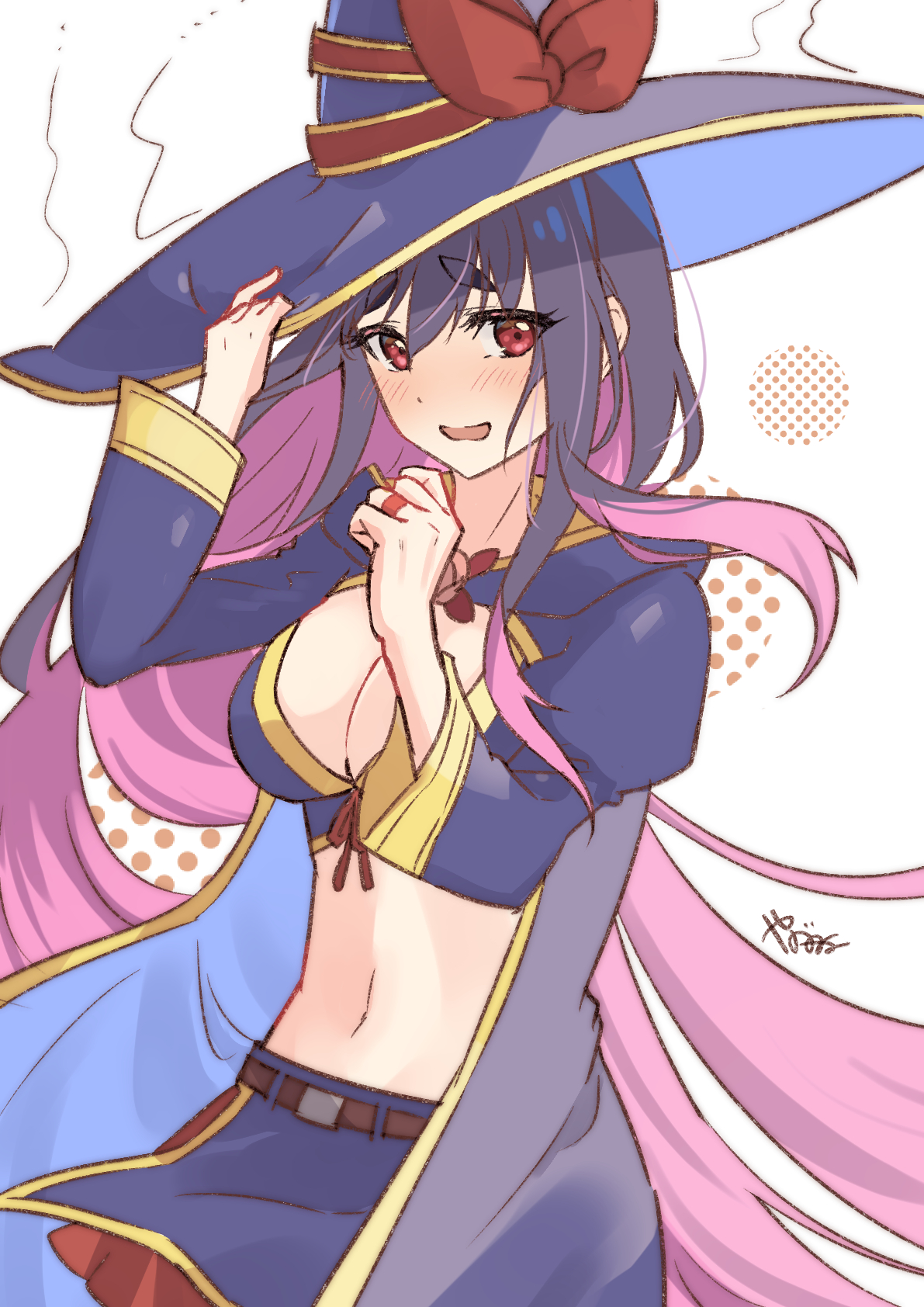yanagimachi, yihdra arvoln, sentai red ga isekai de boukensha ni naru, highres, 1girl, black hair, black hat, blush, breasts, cleavage, cowboy shot, hat, large breasts, multicolored hair, navel, purple eyes, purple hair, simple background, solo, two-tone hair, white background, witch hat