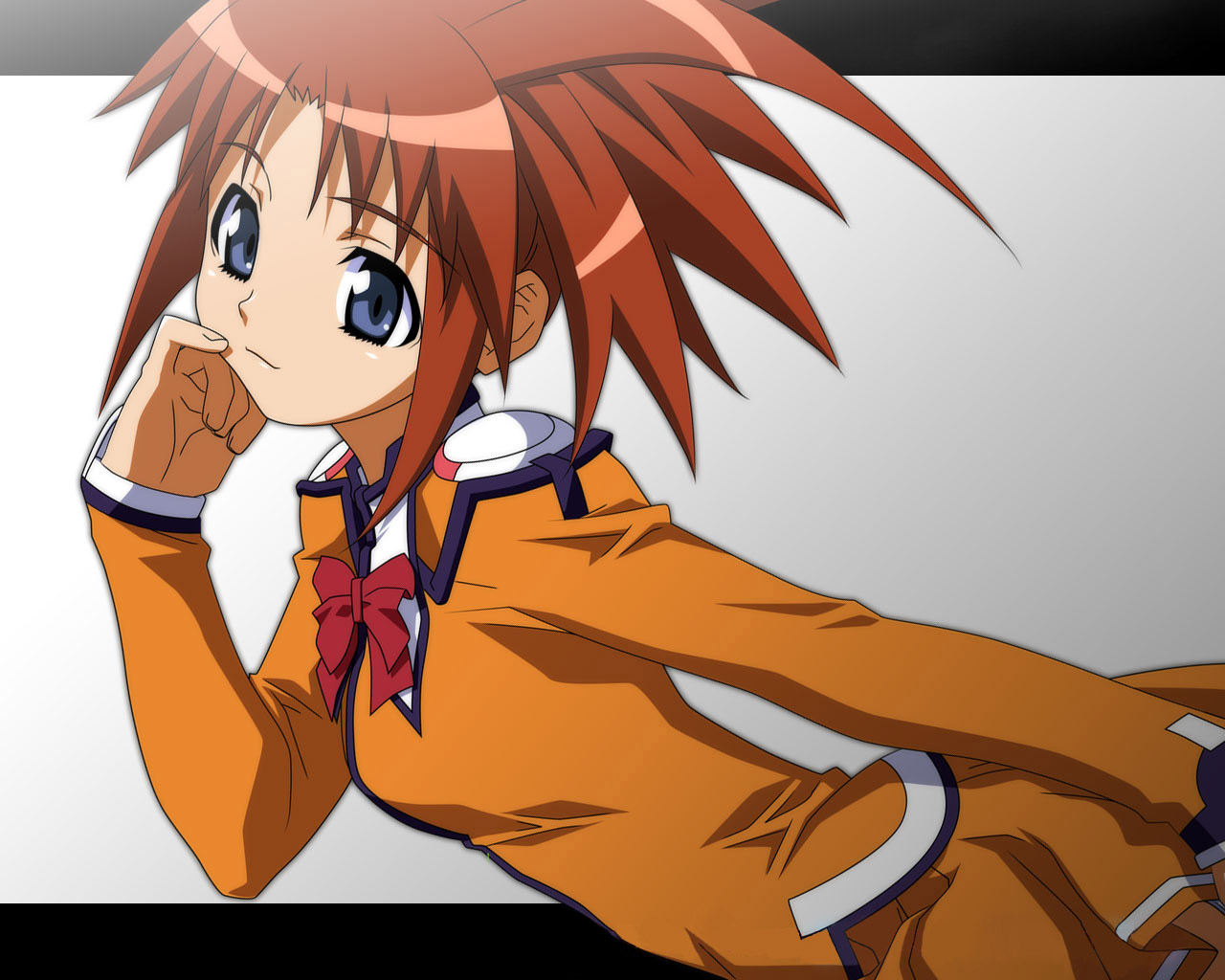 arisa glennorth, uchuu no stellvia, 00s, 1girl, blue eyes, bow, bowtie, brown hair, female focus, from side, head rest, orange hair, orange shirt, ribbon, school uniform, shirt, solo, spiked hair