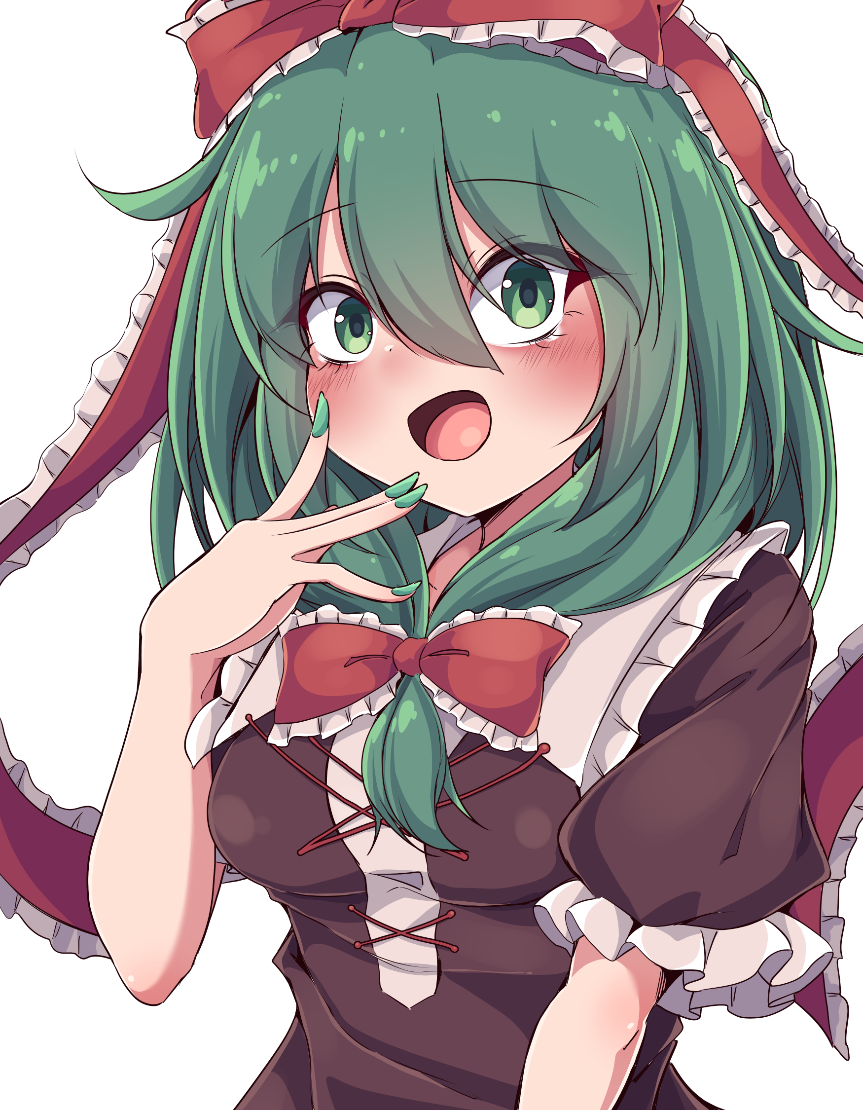 siw0n, kagiyama hina, touhou, highres, 1girl, :d, black dress, blush, bow, breasts, double-parted bangs, dress, fingernails, frilled bow, frilled ribbon, frilled shirt collar, frilled sleeves, frills, front ponytail, green eyes, green hair, green nails, hair bow, hair ribbon, hand up, long fingernails, long hair, looking at viewer, medium breasts, open mouth, puffy short sleeves, puffy sleeves, red bow, red ribbon, ribbon, short sleeves, simple background, smile, solo, upper body, white background