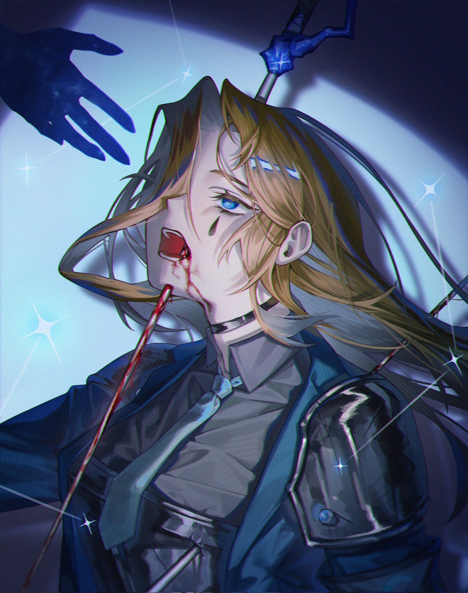 rodion (project moon), limbus company, project moon, highres, 1girl, ahemsehszlfmf, armor, black choker, blood, blood from mouth, bloody weapon, blue background, blue eyes, blue hair, blue jacket, blue necktie, breasts, brown eyes, choker, collared shirt, colored inner hair, death, e.g.o (project moon), empty eyes, formal clothes, grey shirt, hair over one eye, half-closed eye, jacket, large breasts, long hair, long sleeves, looking up, multicolored hair, necktie, official alternate costume, open clothes, open jacket, open mouth, shadow, shirt, shoulder armor, solo, sparkle, sparkle background, sword, teardrop facial mark, teeth, the sword sharpened with tears (e.g.o), tongue, upper body, weapon