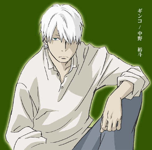 ginko (mushishi), mushishi, lowres, 1boy, character name, hair over one eye, male focus, solo