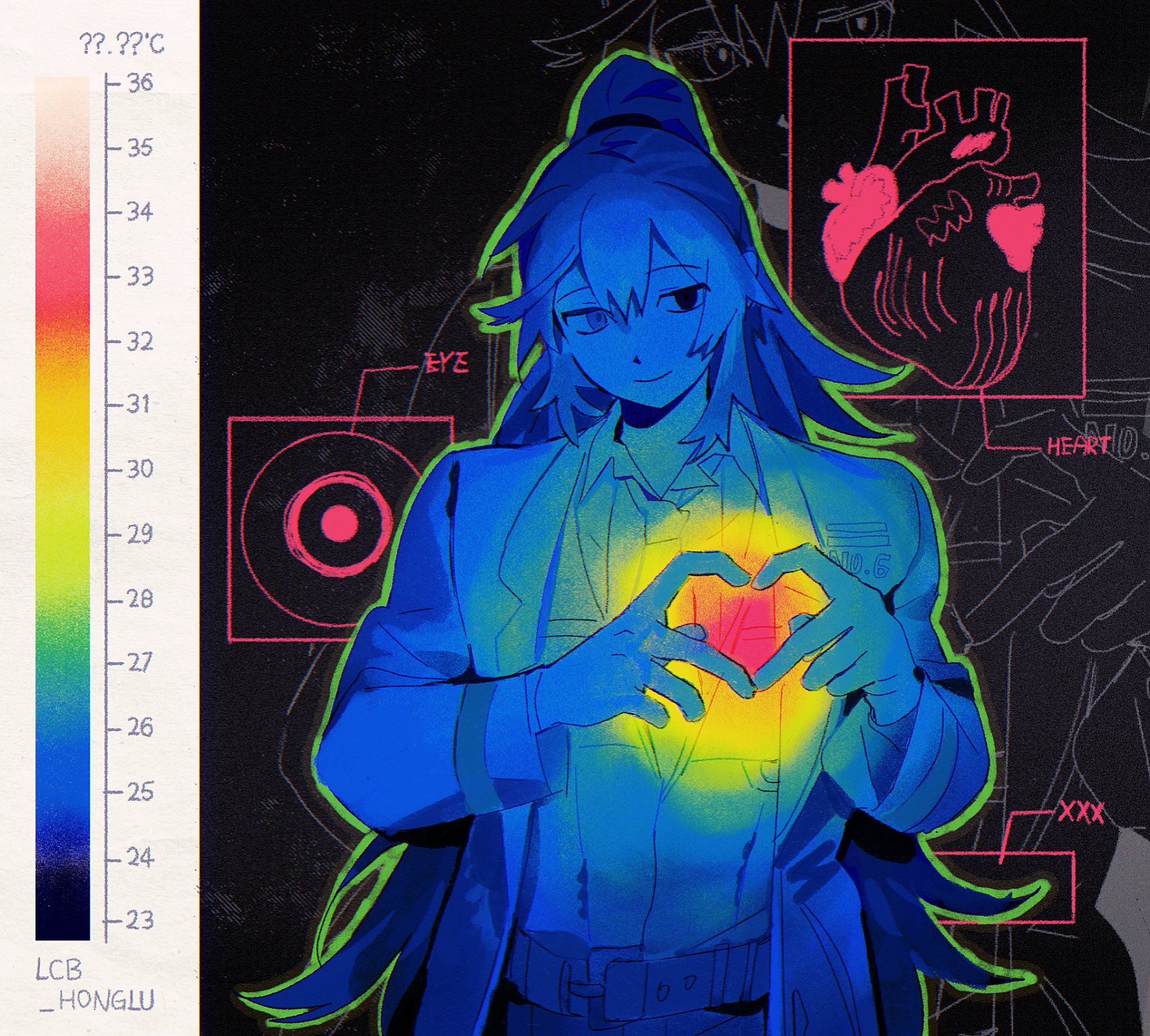 bakori514 (h akka), hong lu (project moon), limbus company, project moon, commentary, highres, symbol-only commentary, 1boy, averting eyes, black eyes, blue coat, blue eyes, blue hair, blue necktie, blue shirt, blue vest, coat, collared shirt, diagram, double-parted bangs, green outline, hair between eyes, head tilt, heart, heart (organ), heart hands, heart in heart hands, heatmap, heterochromia, high ponytail, limited palette, long hair, male focus, necktie, outline, ponytail, shirt, smile, solo, upper body, vest, zoom layer