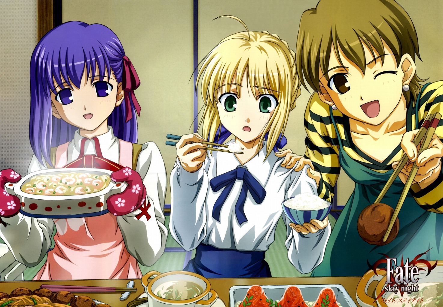 artoria pendragon (fate), fujimura taiga, matou sakura, saber (fate), fate/stay night, fate (series), 00s, 3girls, ahoge, blonde hair, blouse, bowl, chopsticks, cooking pot, copyright name, earrings, food, indoors, jewelry, meatball, multiple girls, oven mitts, pearl earrings, rice, rice bowl, shirt, striped clothes, striped shirt