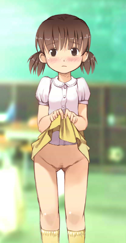 yoshida seiji, shouwa no koro no h na omoide, 1girl, blush, breasts, brown eyes, brown hair, censored, classroom, clothes lift, embarrassed, female focus, lifting own clothes, loli, looking at viewer, mosaic censoring, no panties, pussy, shirt, short hair, short sleeves, skirt, skirt lift, small breasts, socks, solo, standing, thigh gap, thighs, twintails, white shirt, yellow skirt, yellow socks