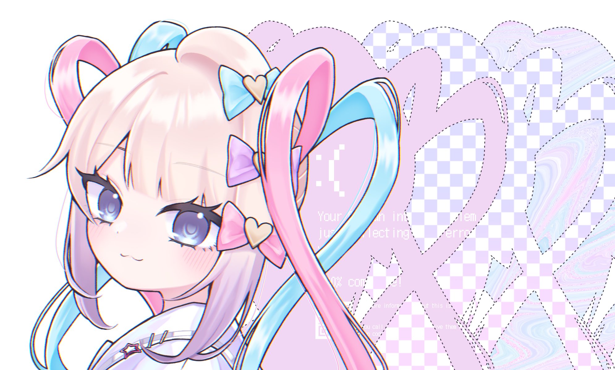 yui (htbanz3), chouzetsusaikawa tenshi-chan, needy girl overdose, highres, 1girl, :3, blonde hair, blue bow, blue eyes, blue hair, blue screen of death, blunt bangs, bow, closed mouth, fake transparency, gradient hair, hair bow, heart, long hair, looking at viewer, multicolored hair, multiple hair bows, pink bow, pink hair, purple bow, quad tails, sailor collar, sidelocks, smile, solo, upper body