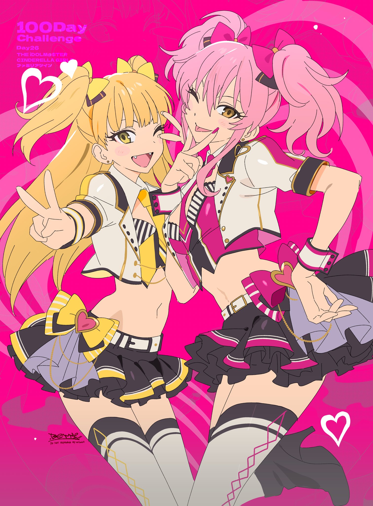 betti (xx betti), jougasaki mika, jougasaki rika, idolmaster, idolmaster cinderella girls, highres, 2girls, blonde hair, blush, bow, breasts, long hair, looking at viewer, multiple girls, navel, open mouth, pink hair, shirt, short twintails, simple background, skirt, twintails