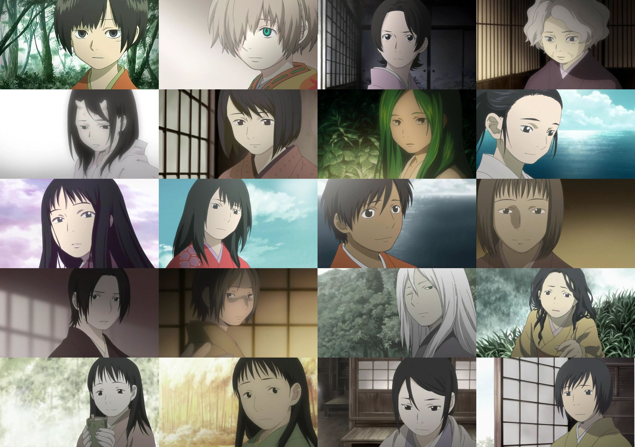 renzu, akoya (mushishi), biki's mother, hana (mushishi), io (mushishi), kinu (mushishi), matsuno (mushishi), michihi (mushishi), nami (mushishi), nui (mushishi), saku (mushishi), sayo (mushishi), setsu (mushishi), shirasawa (mushishi), sui (mushishi), suzu (mushishi), tagane (mushishi), mushishi, anime screenshot, annotation request, highres, 6+girls, age difference, aqua eyes, black eyes, black hair, bob cut, cloud, collage, dark-skinned female, dark skin, everyone, forest, green hair, grey hair, hair over one eye, holding, horns, japanese clothes, kimono, long hair, looking at viewer, looking down, looking to the side, multiple girls, nature, ocean, old, old woman, one eye closed, ponytail, portrait, short hair, shouji, sky, sliding doors, swept bangs, tree, veranda, water, white hair