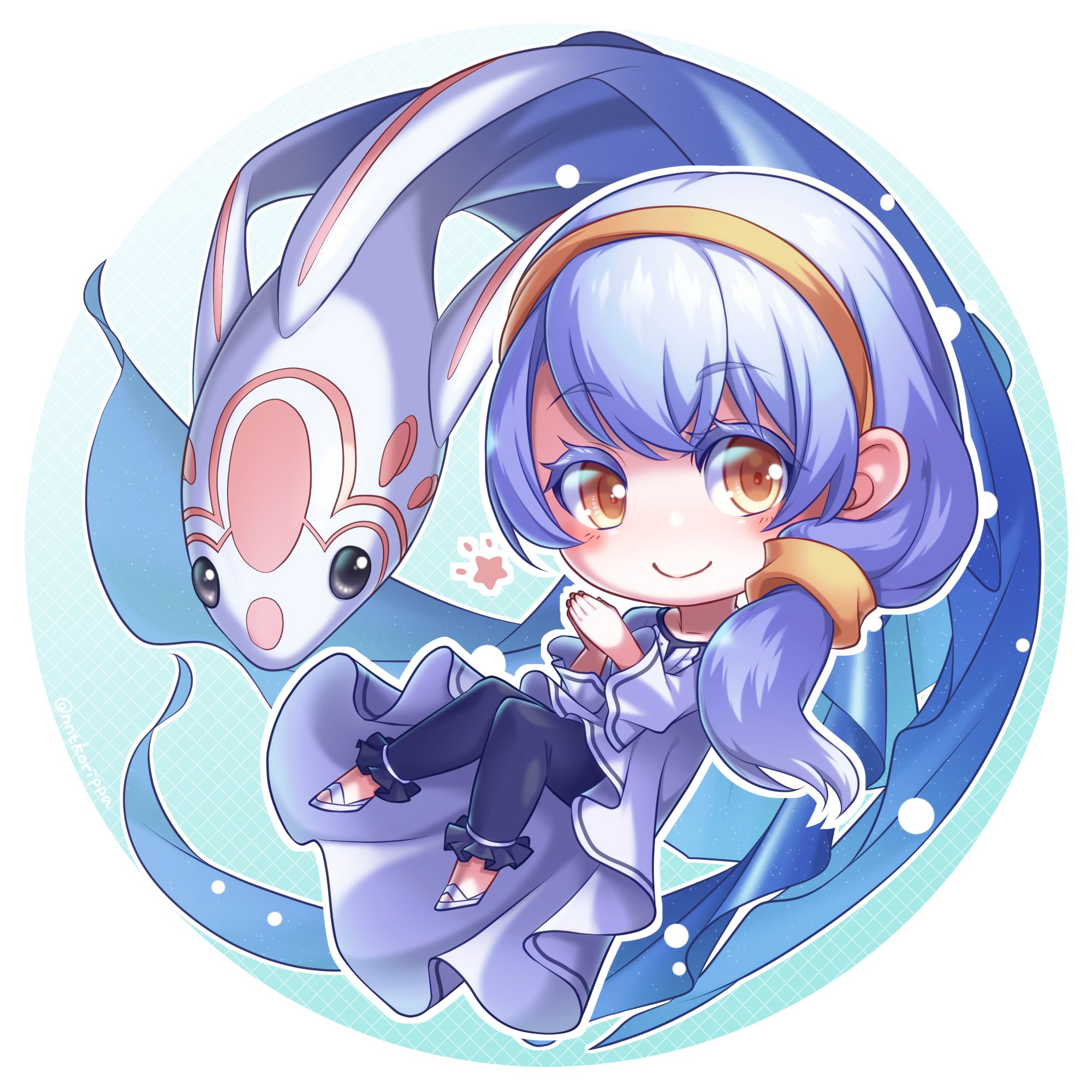nntkorippa, elefee, izumi (under night in-birth), under night in-birth, highres, 1girl, blush, chibi, dress, familiar, fish, grey hair, hair ornament, hairband, long hair, sandals, side ponytail, star (symbol), white dress, yellow eyes, yellow hairband