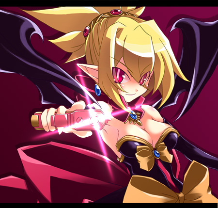 tooya, touya (the-moon), rozalin, disgaea, makai senki disgaea 2, nippon ichi, lowres, 1girl, aiming, aiming at viewer, blonde hair, bow, bright pupils, dress, female focus, pointy ears, slit pupils, solo, strapless, strapless dress, yellow bow