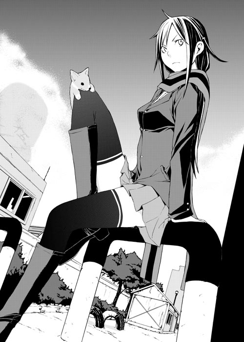 yasuda suzuhito, yarizakura hime, yozakura quartet, 1girl, blazer, female focus, greyscale, jacket, monochrome, pleated skirt, scarf, school uniform, skirt, solo, thighhighs