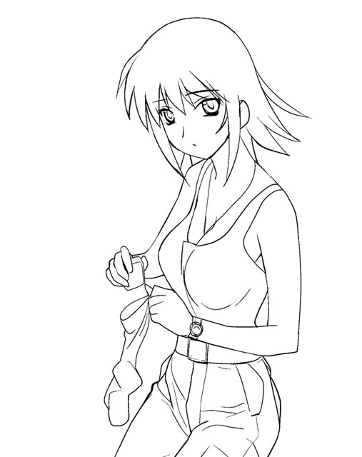 a1 (initial-g), ayamine kei, muv-luv, 1girl, armpits, bare shoulders, belt, cowboy shot, denim, female focus, greyscale, hair between eyes, monochrome, pants, shirt, short hair, sidelocks, simple background, single sock, sleeveless, sleeveless shirt, socks, solo, standing, tank top, watch, white background, wristwatch