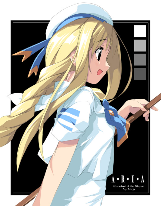 kantoku, alicia florence, aria (manga), 00s, blonde hair, blouse, braid, braided ponytail, copyright name, hat, outside border, pole, sailor, shirt, single braid, solo, text focus, white shirt