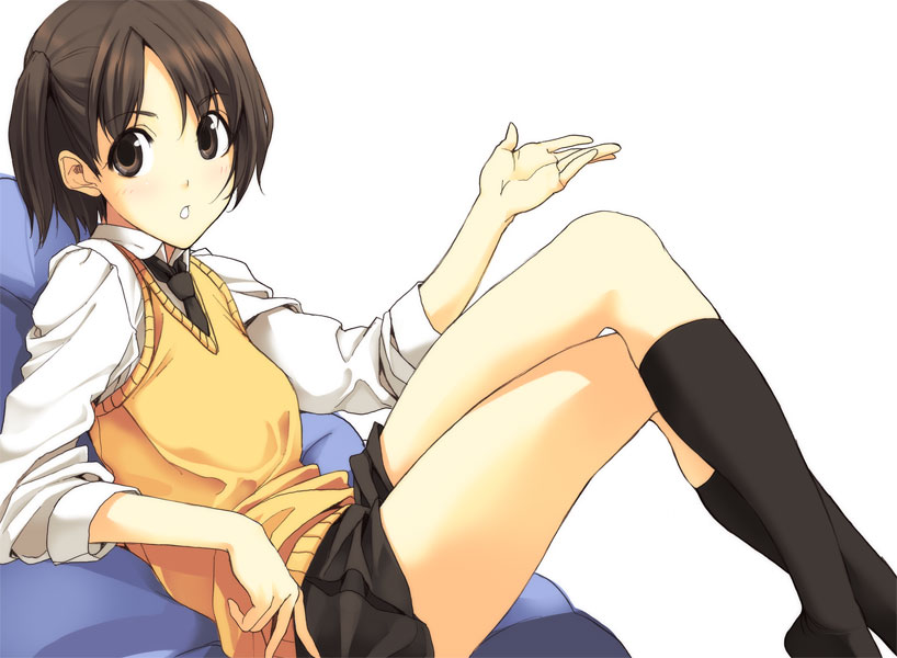 luna (reclaimed land), original, 1girl, brown eyes, brown hair, crossed legs, female focus, legs, school uniform, serafuku, sitting, skirt, sleeves pushed up, socks, solo, sweater, sweater vest, vest