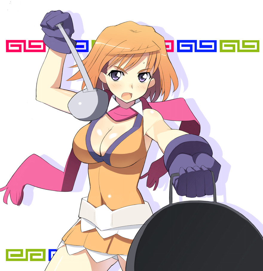 sikorsky, tokiha mai, my-otome, 1girl, abstract background, cooking pot, crossover, female focus, heterochromia, holding, holding cooking pot, ladle, orange shirt, parody, scarf, shirt, solo