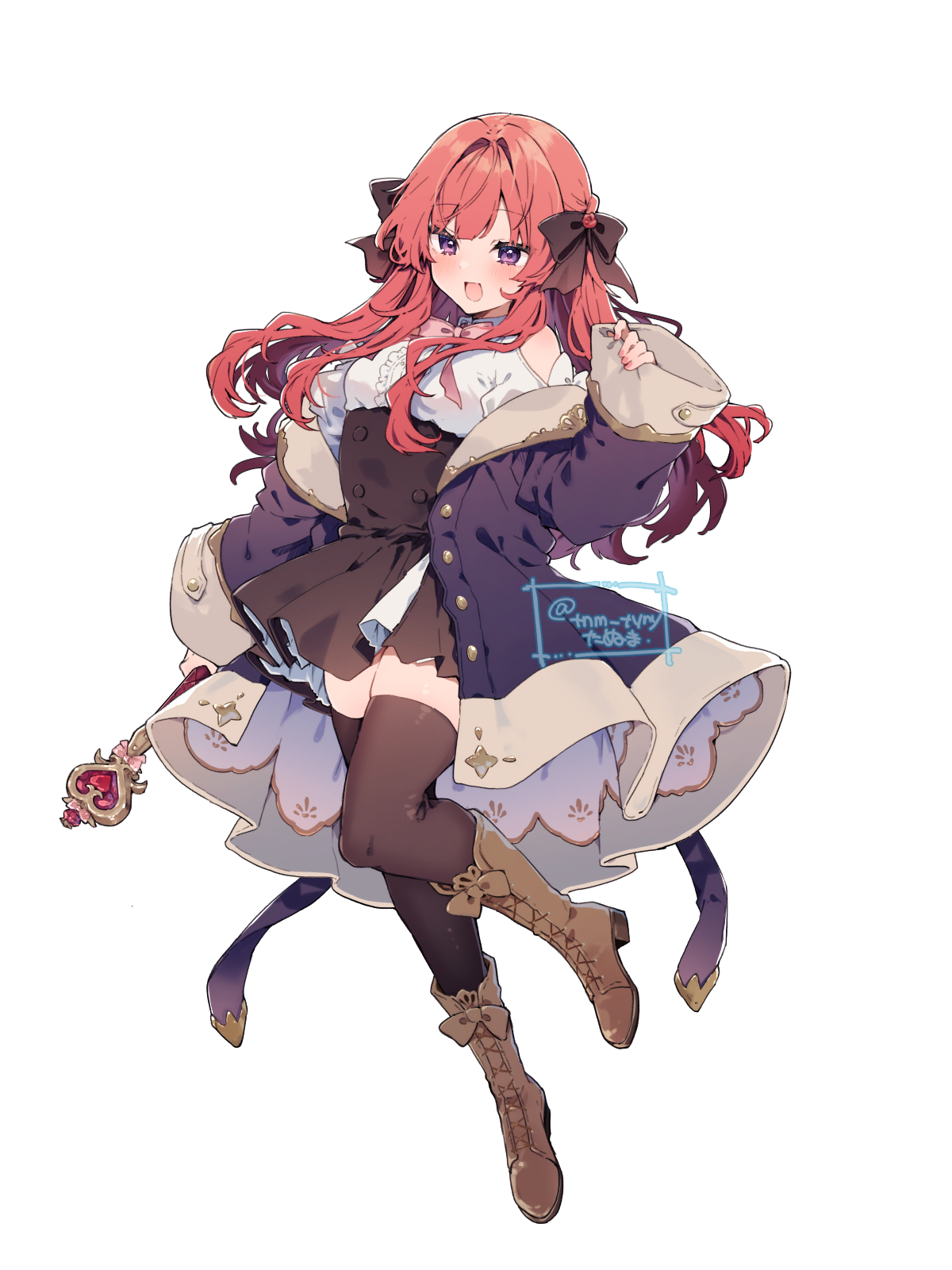 ikeuchi tanuma, anna (ikeuchi tanuma), original, highres, 1girl, black bow, black skirt, black thighhighs, boots, bow, brown boots, clothing cutout, coat, full body, hair bow, high-waist skirt, holding, holding wand, long hair, long sleeves, off shoulder, open clothes, open coat, open mouth, purple coat, purple eyes, red hair, shirt, shoulder cutout, simple background, skirt, solo, thighhighs, wand, white background, white shirt, zettai ryouiki