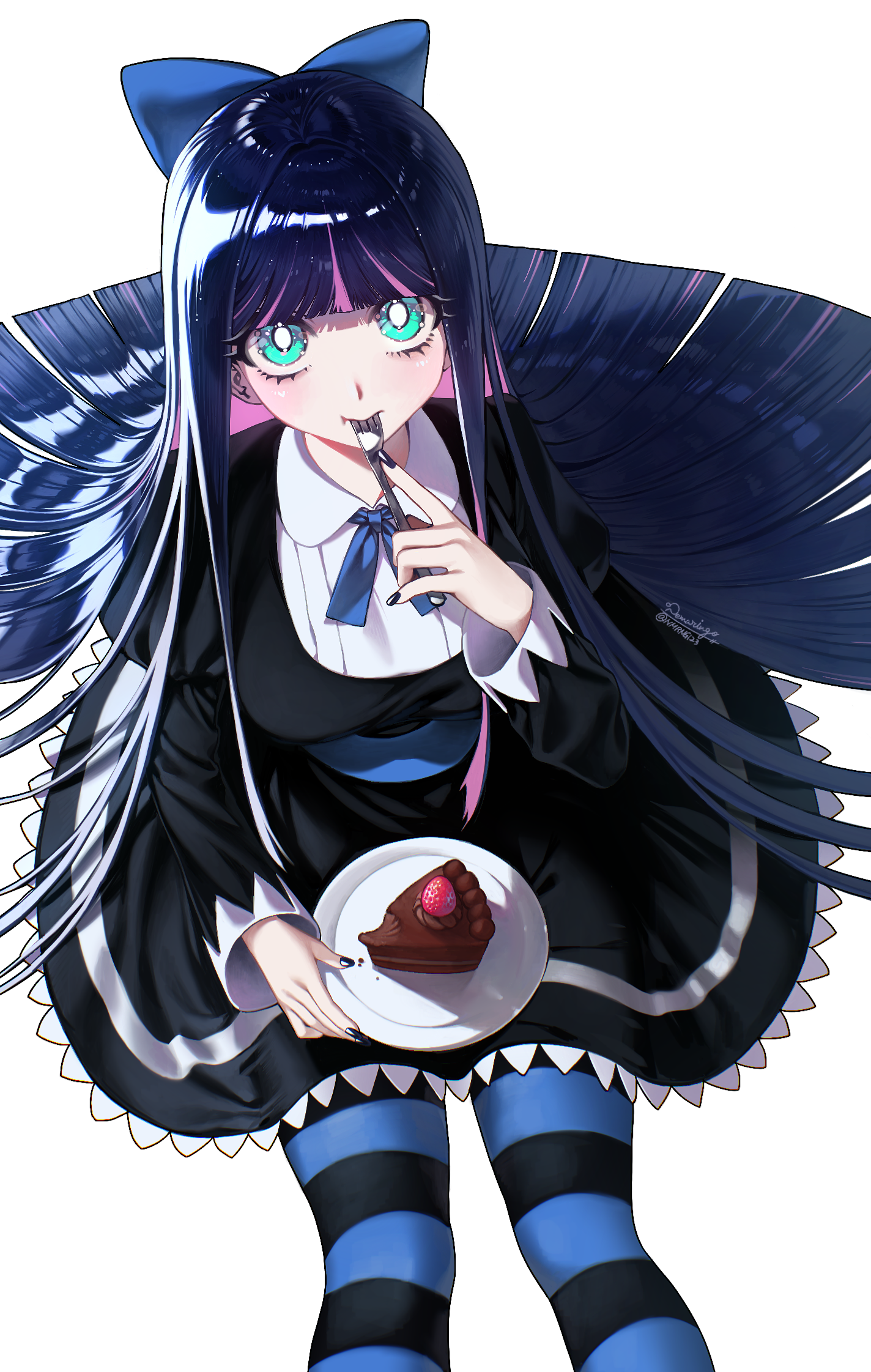 nemu ringo, stocking (psg), panty & stocking with garterbelt, highres, 1girl, black dress, blue bow, blue eyes, blue ribbon, blunt bangs, blunt ends, blush, bow, breasts, bright pupils, cake, cake slice, chocolate cake, collared dress, colored inner hair, dress, eating, feet out of frame, fingernails, food, fork, fruit, hair bow, holding, holding fork, holding plate, juliet sleeves, large breasts, long fingernails, long hair, long sleeves, looking at viewer, multicolored hair, nail polish, neck ribbon, pink hair, plate, puffy sleeves, purple hair, purple nails, ribbon, simple background, sitting, solo, strawberry, streaked hair, striped clothes, striped thighhighs, thighhighs, twitter username, two-tone hair, very long hair, white background, white pupils