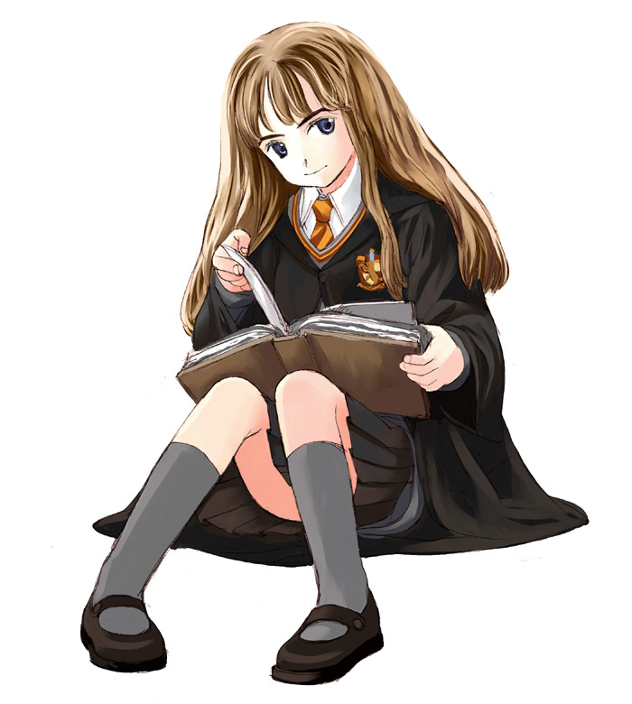 aida yuu, hermione granger, harry potter (series), wizarding world, animification, book, necktie, pleated skirt, school uniform, serafuku, skirt, solo