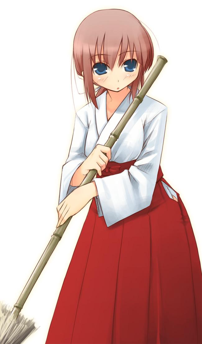 jirou (chekoro), 1girl, :o, bamboo broom, blue eyes, blush, broom, brown hair, female focus, hakama, hakama skirt, holding, holding broom, japanese clothes, long sleeves, looking at viewer, miko, red hakama, simple background, skirt, solo, white background
