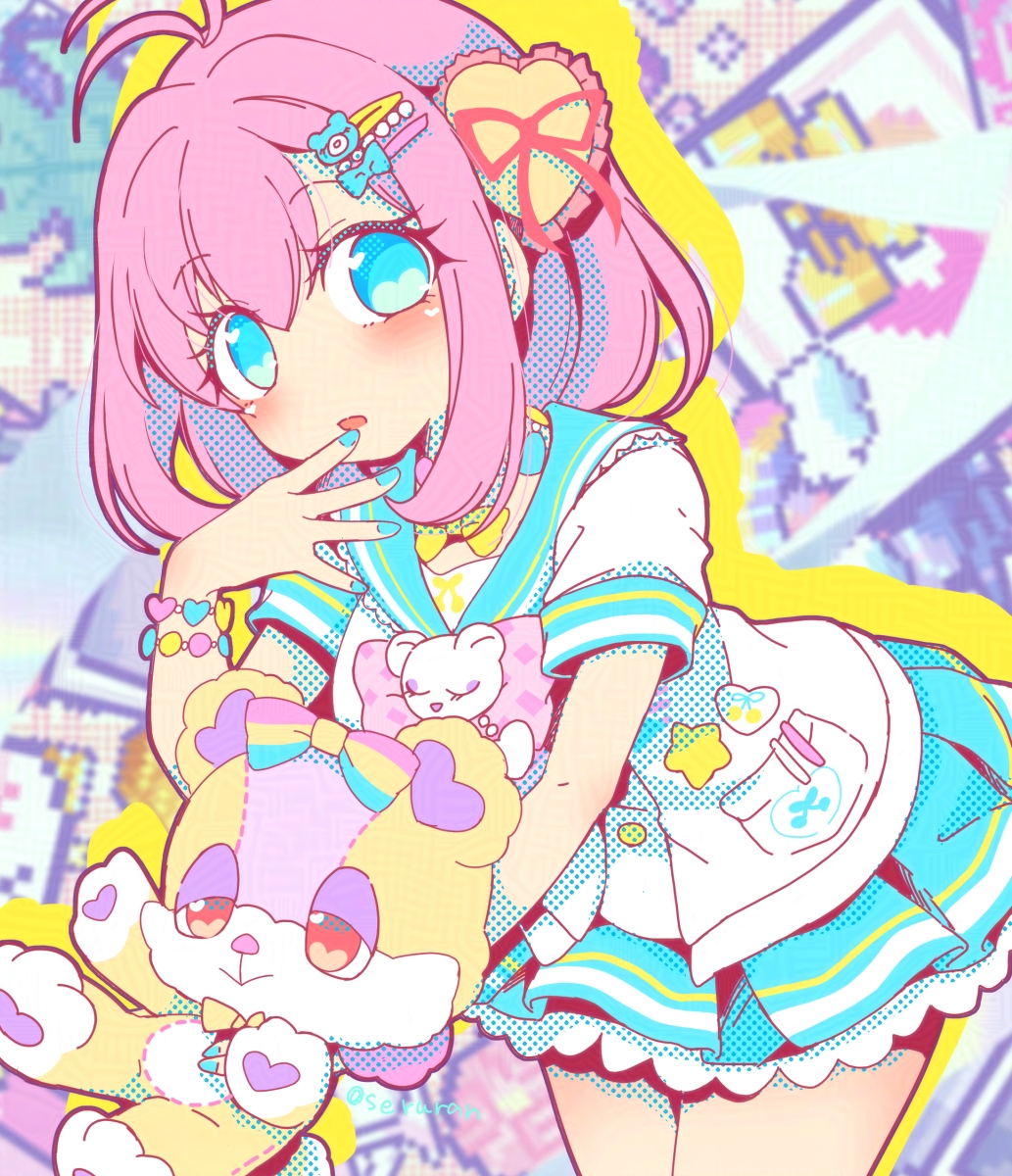 satsuki suzuran, amauri miruki, hanitan (bear), pretty series, waccha primagi!, commentary request, highres, 1girl, antenna hair, blue eyes, blue sailor collar, blue skirt, bracelet, cowboy shot, drop shadow, frilled skirt, frills, hair ornament, hair ribbon, hairclip, hand to own mouth, hanitan, heart, heart hair ornament, jewelry, leaning forward, looking at viewer, nail polish, open mouth, pink hair, pleated skirt, ribbon, sailor collar, shirt, short hair, short sleeves, skirt, solo, standing, stuffed animal, stuffed toy, teddy bear, white shirt