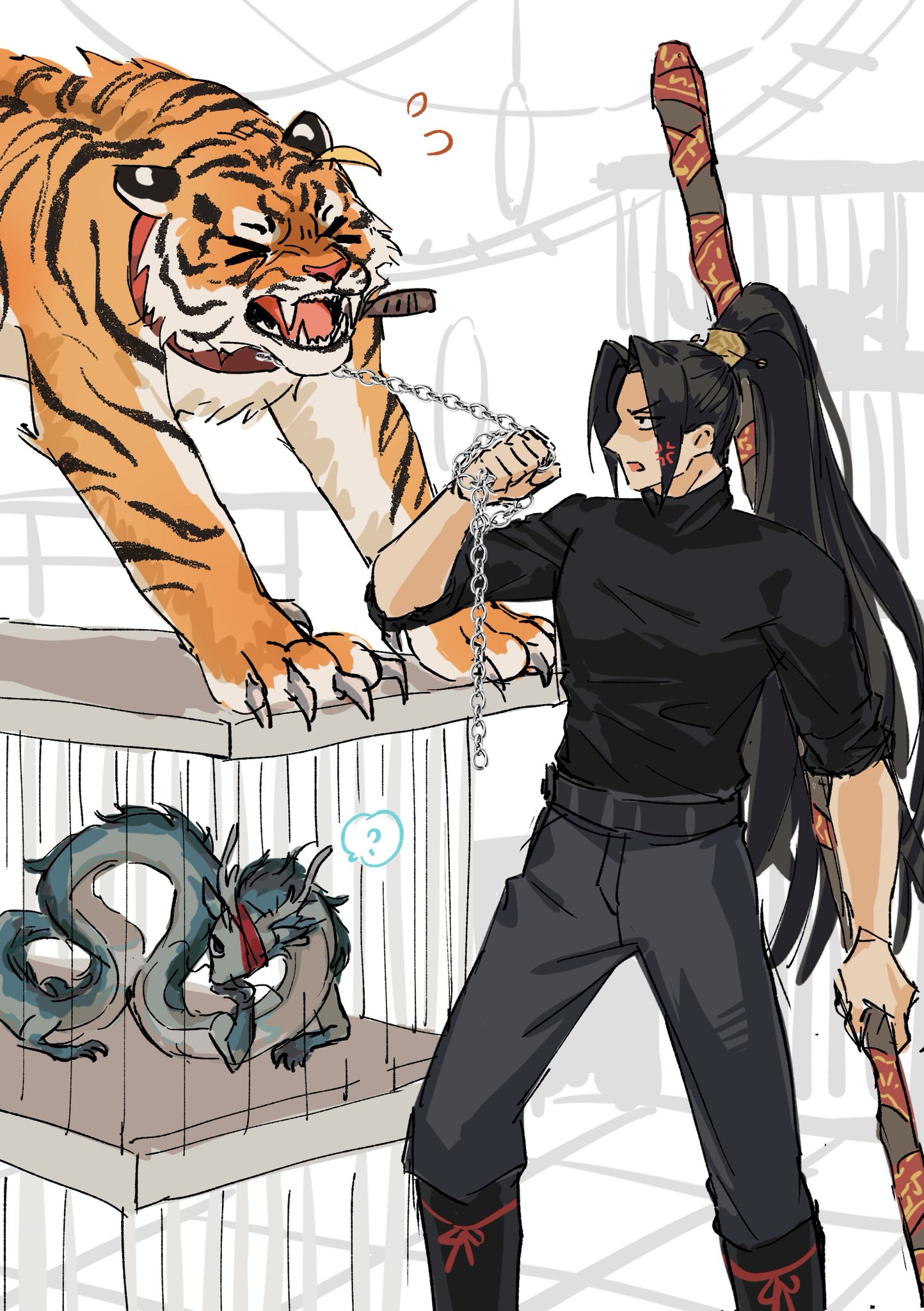 killerohan, hong lu (project moon), jia qiu (project moon), lei heng (project moon), limbus company, project moon, commentary request, highres, 1boy, ?, angry, animal, animalization, bandaged head, bandages, black boots, black hair, black shirt, boots, cage, chain, cigar, claws, closed eyes, curtained hair, dragon, eastern dragon, hair ornament, hand on own chin, high ponytail, holding, holding chain, holding staff, leash, muscular, muscular male, open mouth, ponytail, shirt, spoken question mark, staff, tiger