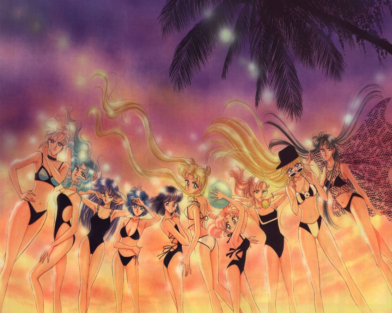 takeuchi naoko, aino minako, chibi usa, hino rei, kaiou michiru, kino makoto, meiou setsuna, mizuno ami, ten'ou haruka, tomoe hotaru, tsukino usagi, bishoujo senshi sailor moon, bishoujo senshi sailor moon s, hands together, commentary, official art, official wallpaper, 1990s (style), 6+girls, armpits, arms up, back, ball, beachball, bikini, black bikini, black hair, black one-piece swimsuit, blonde hair, blue eyes, blue hair, bob cut, bracelet, breasts, brown hair, casual one-piece swimsuit, choker, cleavage, cone hair bun, dark-skinned female, dark skin, double bun, earrings, everyone, green eyes, green hair, hair bun, hat, jewelry, lineup, lips, long hair, looking at viewer, looking back, multiple girls, navel, one-piece swimsuit, palm tree, pink hair, ponytail, purple eyes, purple hair, retro artstyle, short hair, short twintails, side-tie bikini bottom, standing, straight neck, sunglasses, sunset, swimsuit, tree, twintails, very long hair, wavy hair, white bikini, white hair