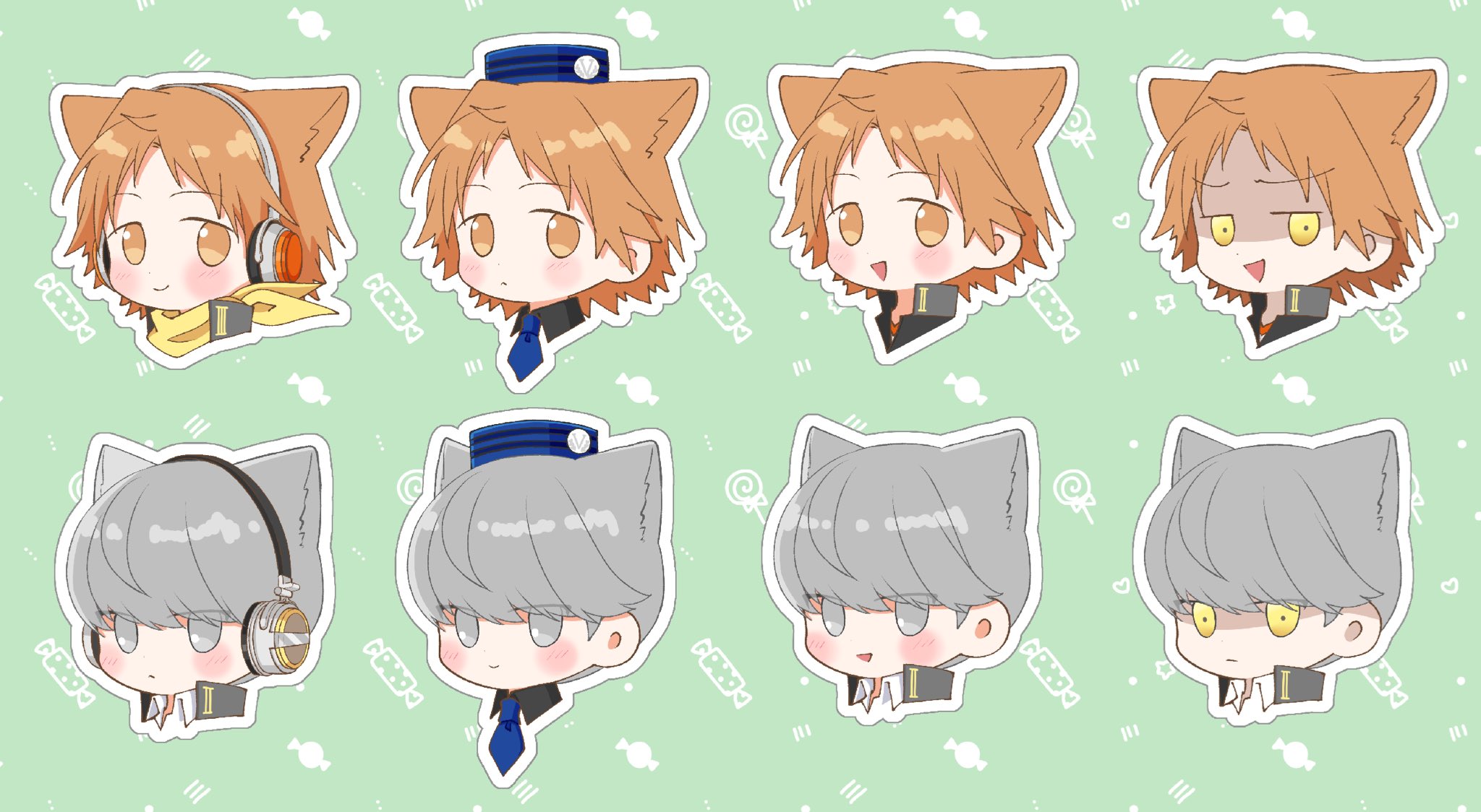 hanamura yousuke, narukami yu, shadow yousuke, shadow yu, persona, persona 4, persona 4: dancing all night, persona dancing, highres, 2boys, bandana, blue hat, blue necktie, blush, brown eyes, brown hair, candy, closed mouth, ebak k3, food, green background, grey eyes, grey hair, hat, headphones, looking at viewer, male focus, multiple boys, multiple views, necktie, open mouth, patterned background, portrait, shaded face, short hair, simple background, smile, yellow bandana, yellow eyes