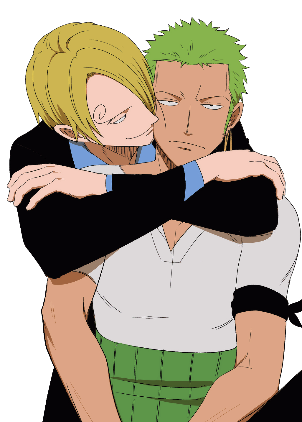 p5naq pv, roronoa zoro, sanji (one piece), one piece, highres, 2boys, arms around neck, bandana, bandana around arm, black bandana, black jacket, blonde hair, cheek-to-cheek, closed mouth, earrings, green hair, haramaki, heads together, hug, hug from behind, jacket, jewelry, leaning on person, long sleeves, looking at another, male focus, multiple boys, shirt, short hair, short sleeves, smile, suit jacket, upper body, white background, white shirt