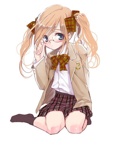 koin (foxmark), original, light brown hair, 1girl, adjusting eyewear, arm behind back, blazer, blue eyes, blush, bow, bowtie, breast pocket, brown bow, buttoned cuffs, buttons, female focus, glasses, hair ribbon, jacket, no shoes, plaid bow, plaid bowtie, plaid clothes, plaid skirt, pleated skirt, pocket, ribbon, round eyewear, school uniform, simple background, sitting, skirt, socks, solo, twintails, yokozuwari