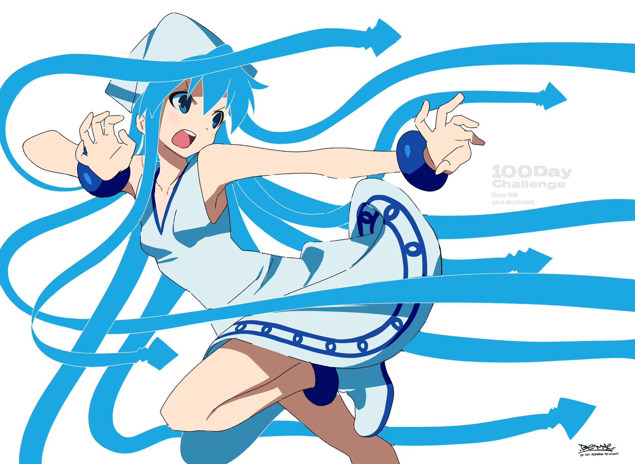 betti (xx betti), ikamusume, shinryaku! ikamusume, highres, 1girl, blue eyes, blue hair, bracelet, breasts, dress, hat, jewelry, long hair, open mouth, simple background, solo, squid girl, squid hat, tentacle hair, tentacles, white dress
