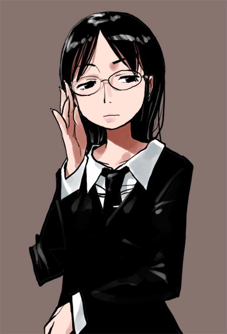 barasui, kirihara misaki, darker than black, original, 00s, 1girl, adjusting eyewear, black eyes, black hair, black suit, female focus, formal clothes, glasses, grey background, looking to the side, loose necktie, necktie, simple background, solo, suit