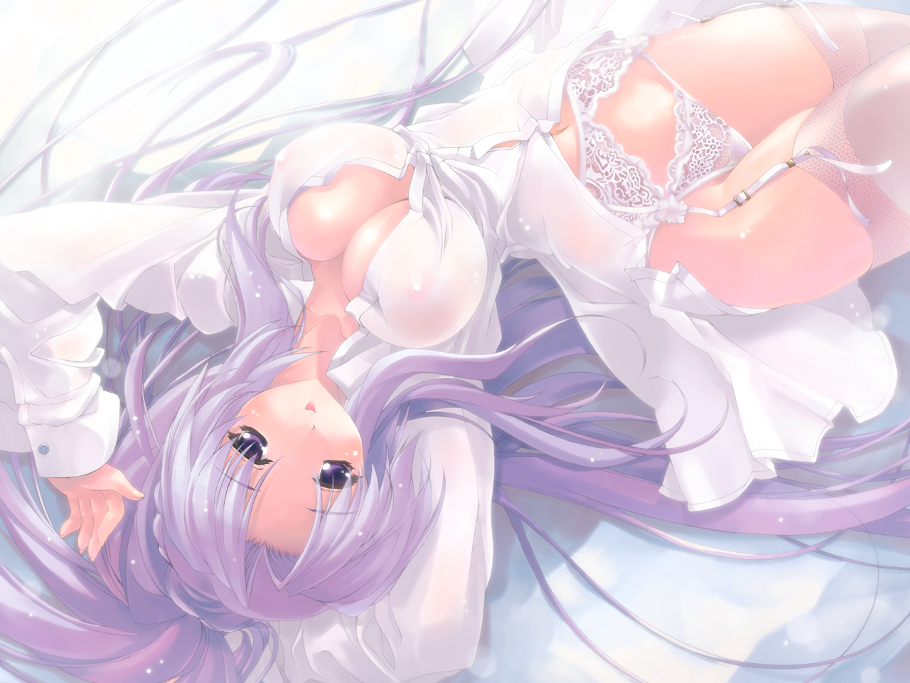 miwa yoshikazu, saginomiya saya, canvas (cocktail soft), canvas 2, original, 00s, 1girl, breasts, cleavage, covered erect nipples, female focus, garter belt, impossible clothes, impossible shirt, lace, lace-trimmed panties, lace trim, large breasts, lingerie, lying, no bra, on back, panties, purple eyes, purple hair, shirt, solo, thighhighs, underwear, white panties, white thighhighs