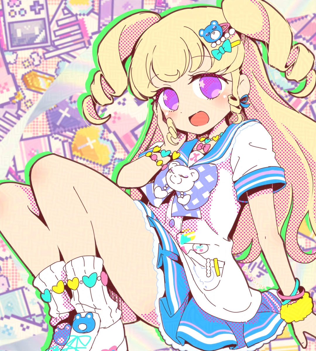 satsuki suzuran, yumekawa yui, idol time pripara, pretty series, pripara, commentary request, highres, 1girl, :d, arm support, blonde hair, blue sailor collar, blue skirt, bracelet, full body, hair ornament, hairclip, hand on own cheek, hand on own face, hand up, jewelry, knees up, layered skirt, long hair, looking at viewer, multiple bracelets, open mouth, pleated skirt, purple eyes, ringlets, sailor collar, shirt, shoes, short sleeves, sitting, skirt, smile, socks, solo, star (symbol), two side up, white shirt, white shoes, white socks