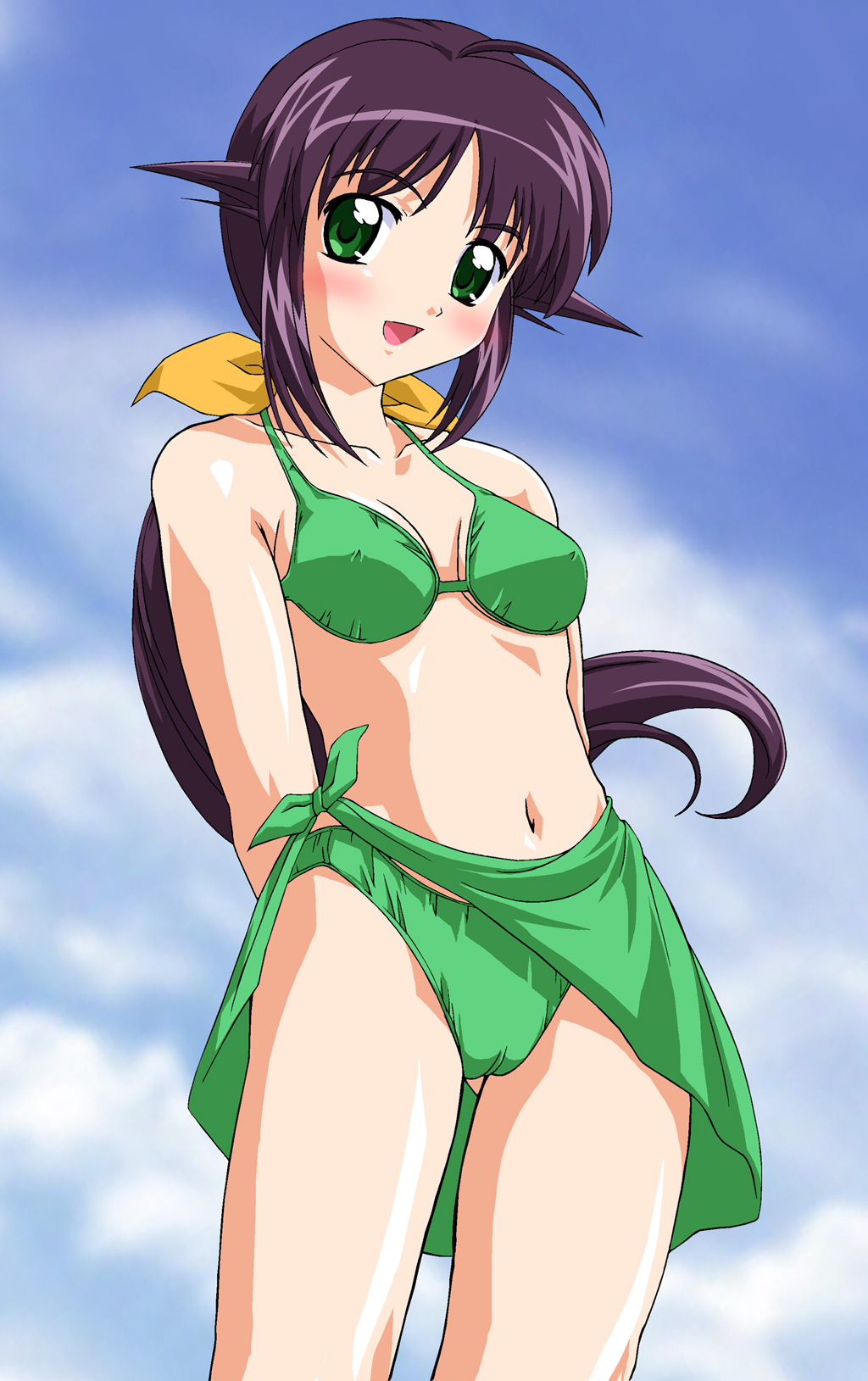andou mahoro, mahoromatic, highres, 1girl, bikini, breasts, covered erect nipples, day, female focus, green bikini, small breasts, solo, swimsuit