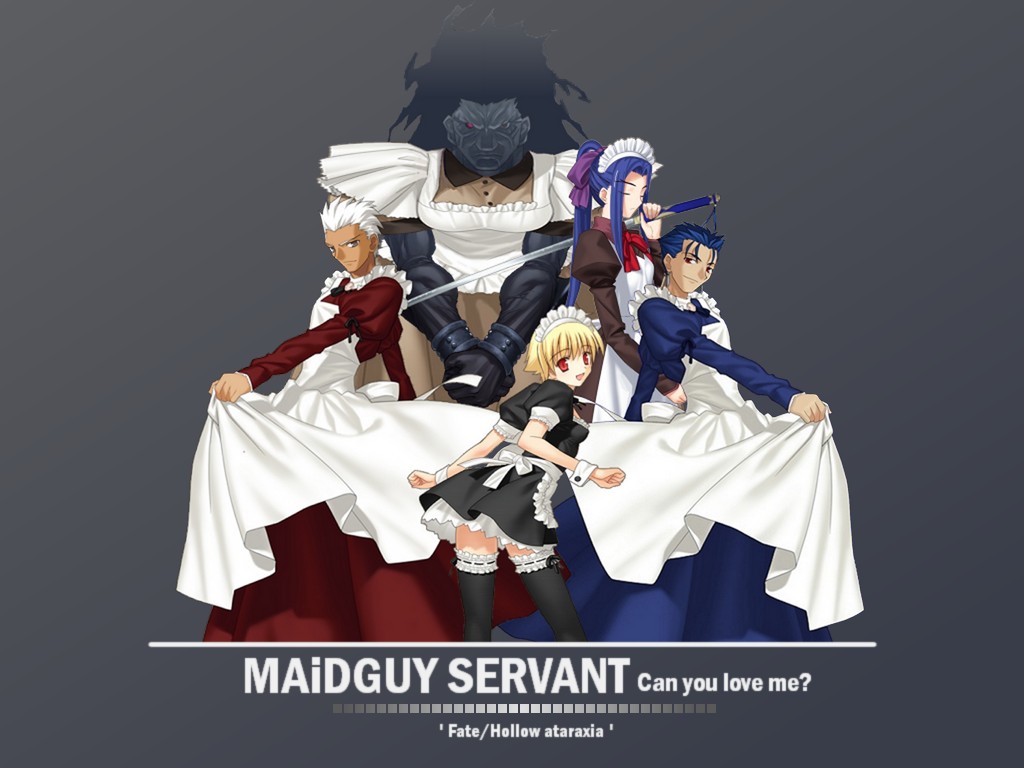 takeuchi takashi, archer (fate), child gilgamesh (fate), cu chulainn (fate), cu chulainn (fate/stay night), gilgamesh (fate), heracles (fate), sasaki kojirou (fate), fate/hollow ataraxia, fate/stay night, fate (series), 5boys, alternate costume, assassin, blonde hair, blue eyes, bow, child, cosplay, crossdressing, crossdressing (mtf), dark-skinned male, dark skin, enmaided, frills, from behind, goth fashion, maid, male focus, male maid, monohoshizao, multiple boys, ponytail, red eyes, sword, thighhighs, trap, weapon, white hair