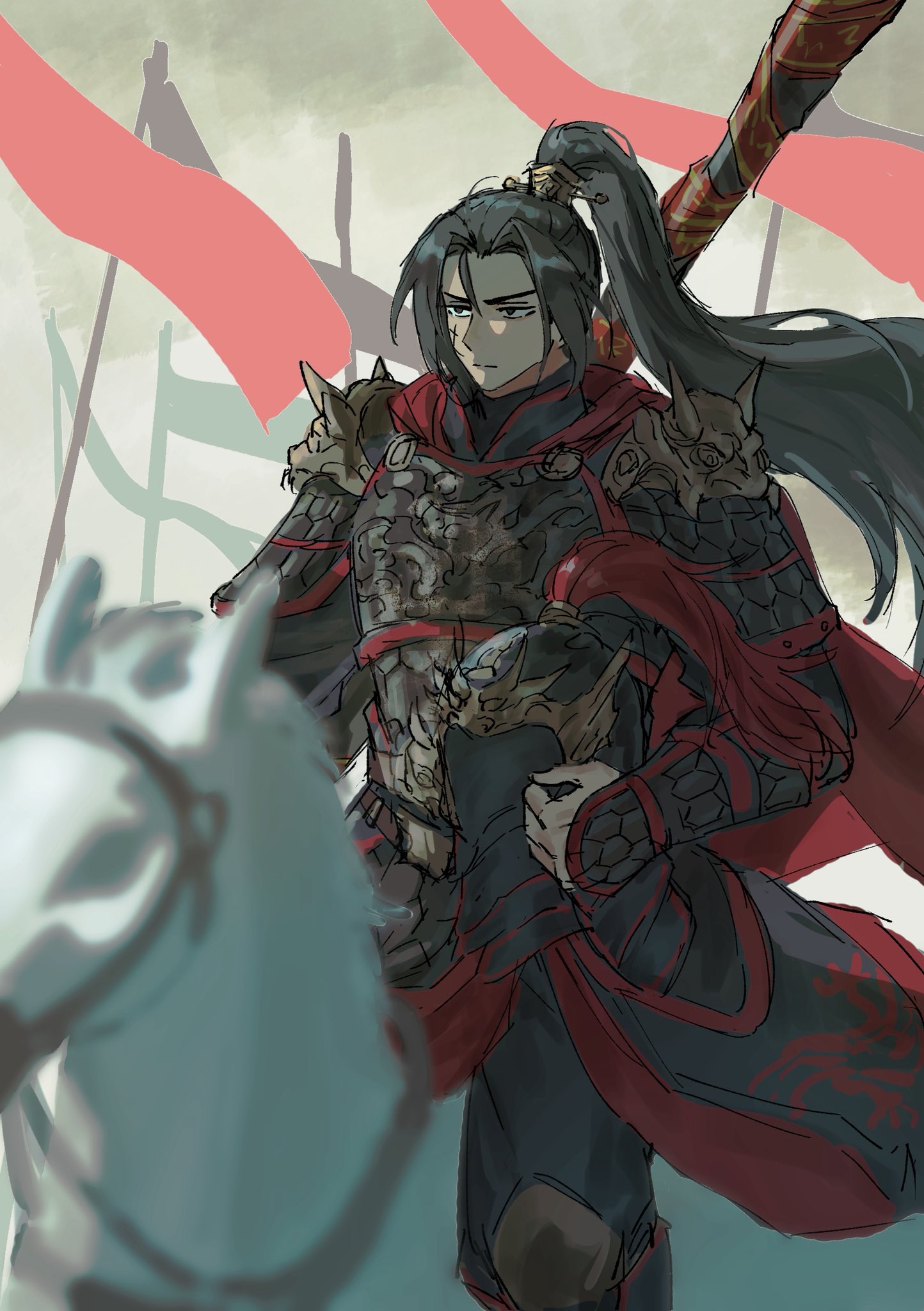 killerohan, jia qiu (project moon), limbus company, project moon, commentary request, highres, 1boy, alternate costume, armor, black eyes, black hair, blurry, blurry foreground, cape, chinese armor, cowboy shot, cross scar, curtained hair, depth of field, flag, hair flowing over, hair ornament, helmet, high ponytail, holding, holding unworn helmet, horseback riding, male focus, ponytail, red cape, riding, scar, scar on face, serious, shoulder pads, unworn headwear, unworn helmet, weapon, weapon on back