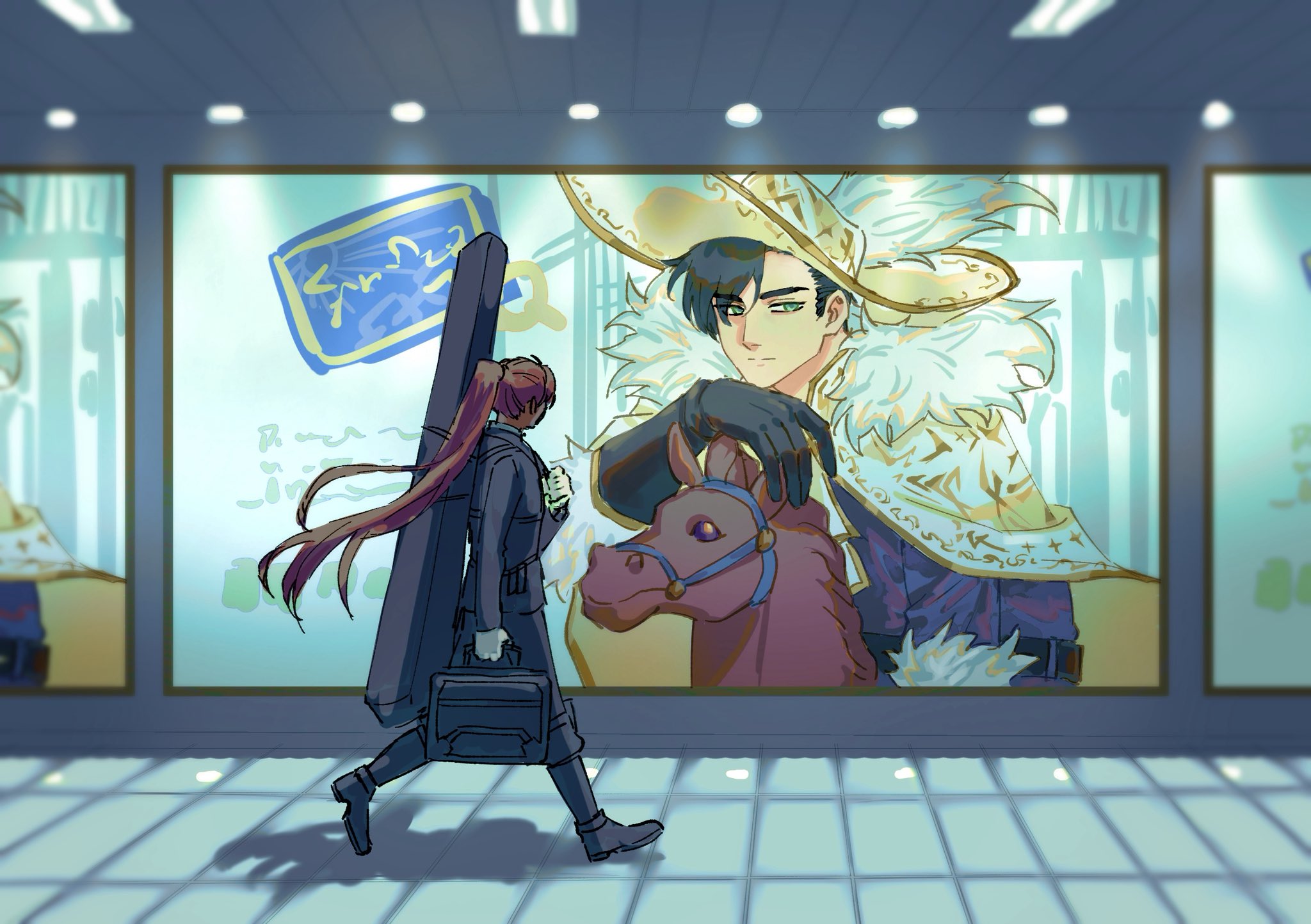 killerohan, heathcliff (project moon), meursault (project moon), limbus company, project moon, commentary request, highres, 2boys, :|, ad, black gloves, black hair, black suit, blue eyes, briefcase, brown hair, ceiling light, closed mouth, feather collar, formal clothes, full body, gloves, hat, high ponytail, holding, holding briefcase, holding strap, horse, long hair, multiple boys, official alternate costume, ponytail, sideburns, suit, very long hair, walking, weapon, weapon on back, white gloves