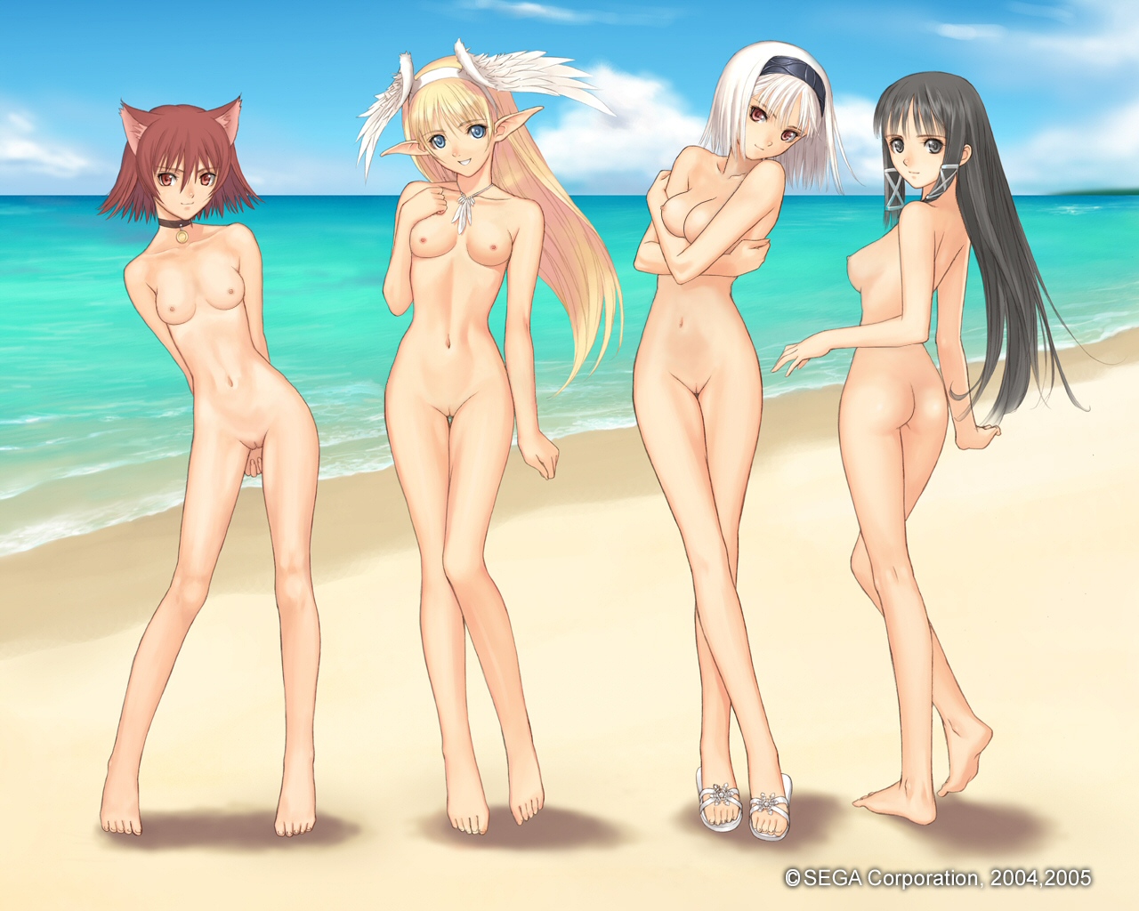 tony taka, blanc neige, elwing, mao (shining tears), ryuna, ryuuna (shining tears), sega, shining (series), shining tears, nude filter, third-party edit, 4girls, animal ears, arms behind back, ass, barefoot, beach, black eyes, black hair, blonde hair, blue eyes, blunt bangs, breasts, cat ears, cleft of venus, collarbone, crossed legs, day, everyone, feet, medium breasts, multiple girls, navel, nipples, nude, pussy, red eyes, red hair, sandals, self hug, sky, small breasts, standing, thigh gap, toes, uncensored, water, watson cross, white hair